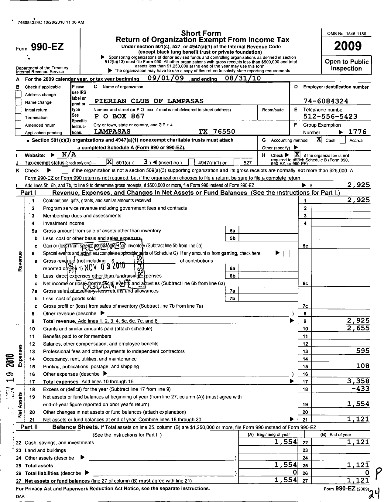 Image of first page of 2009 Form 990EZ for Texas Federation of Women Clubs