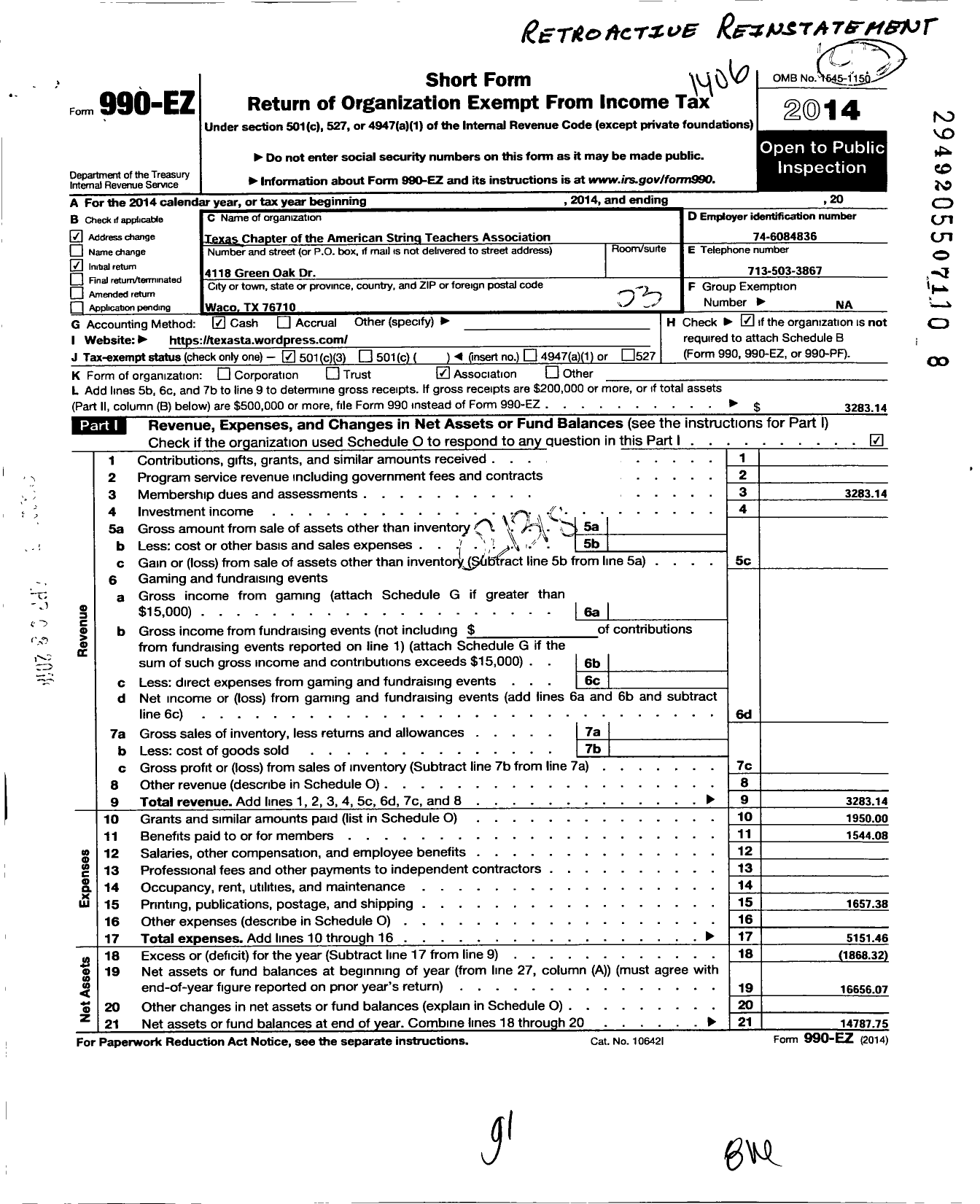 Image of first page of 2013 Form 990EZ for Texas Chapter of the American String Teachers Association