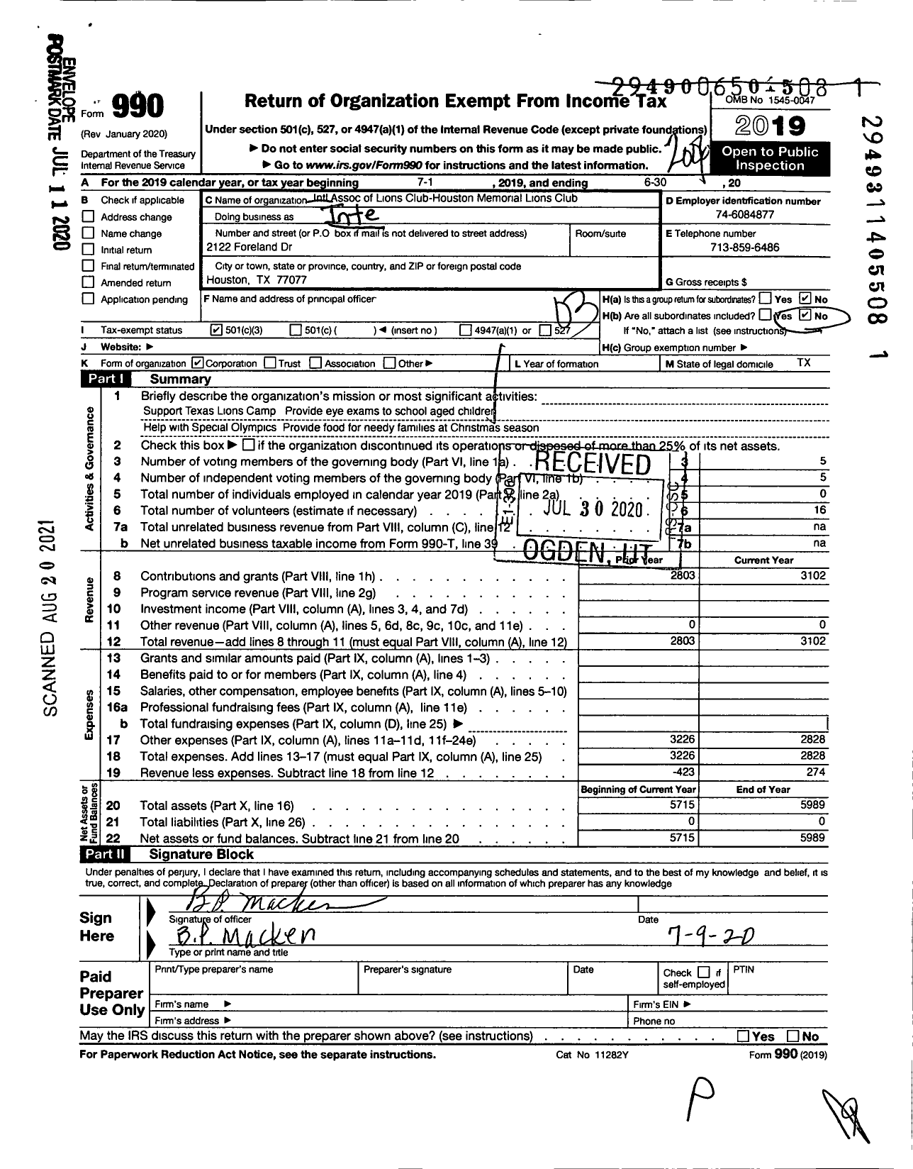 Image of first page of 2019 Form 990 for Lions Clubs - 1461 Houston Memorial