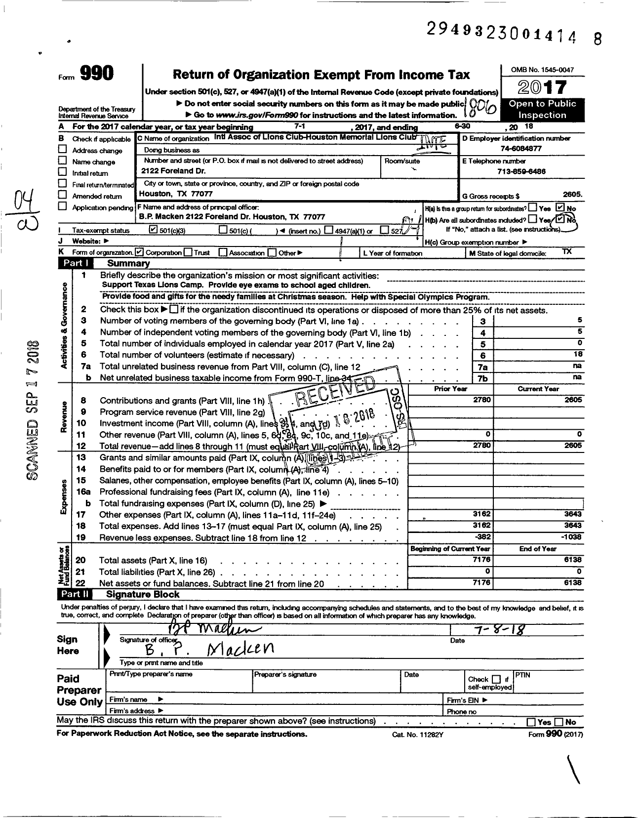 Image of first page of 2017 Form 990O for Lions Clubs - 1461 Houston Memorial