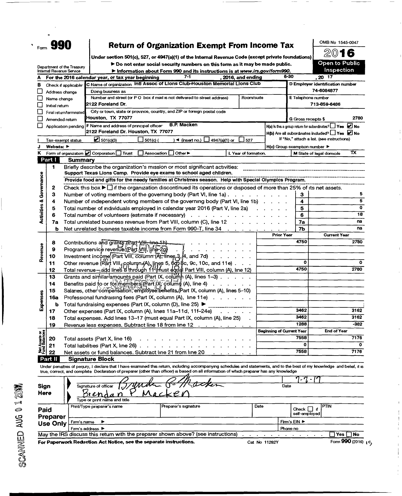 Image of first page of 2016 Form 990 for Lions Clubs - 1461 Houston Memorial