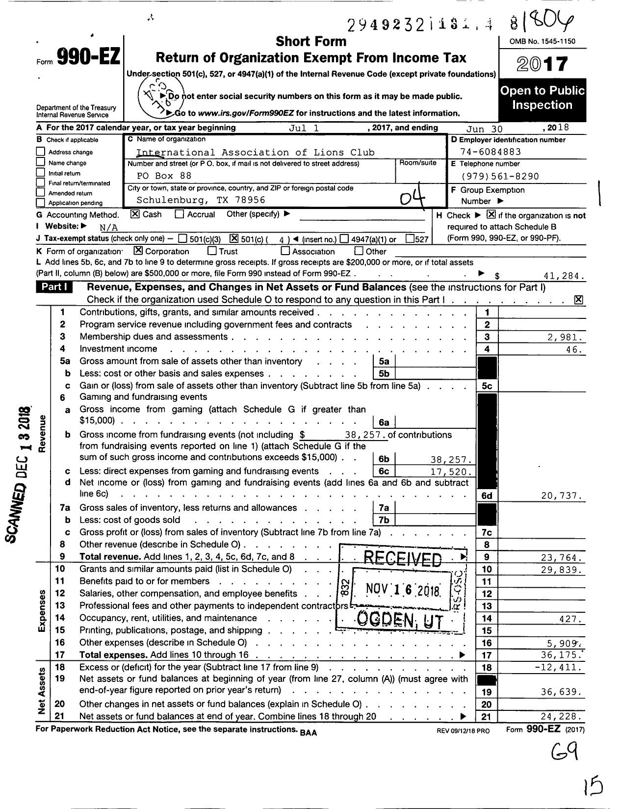 Image of first page of 2017 Form 990EO for Lions Clubs - 1585 Schulenburg