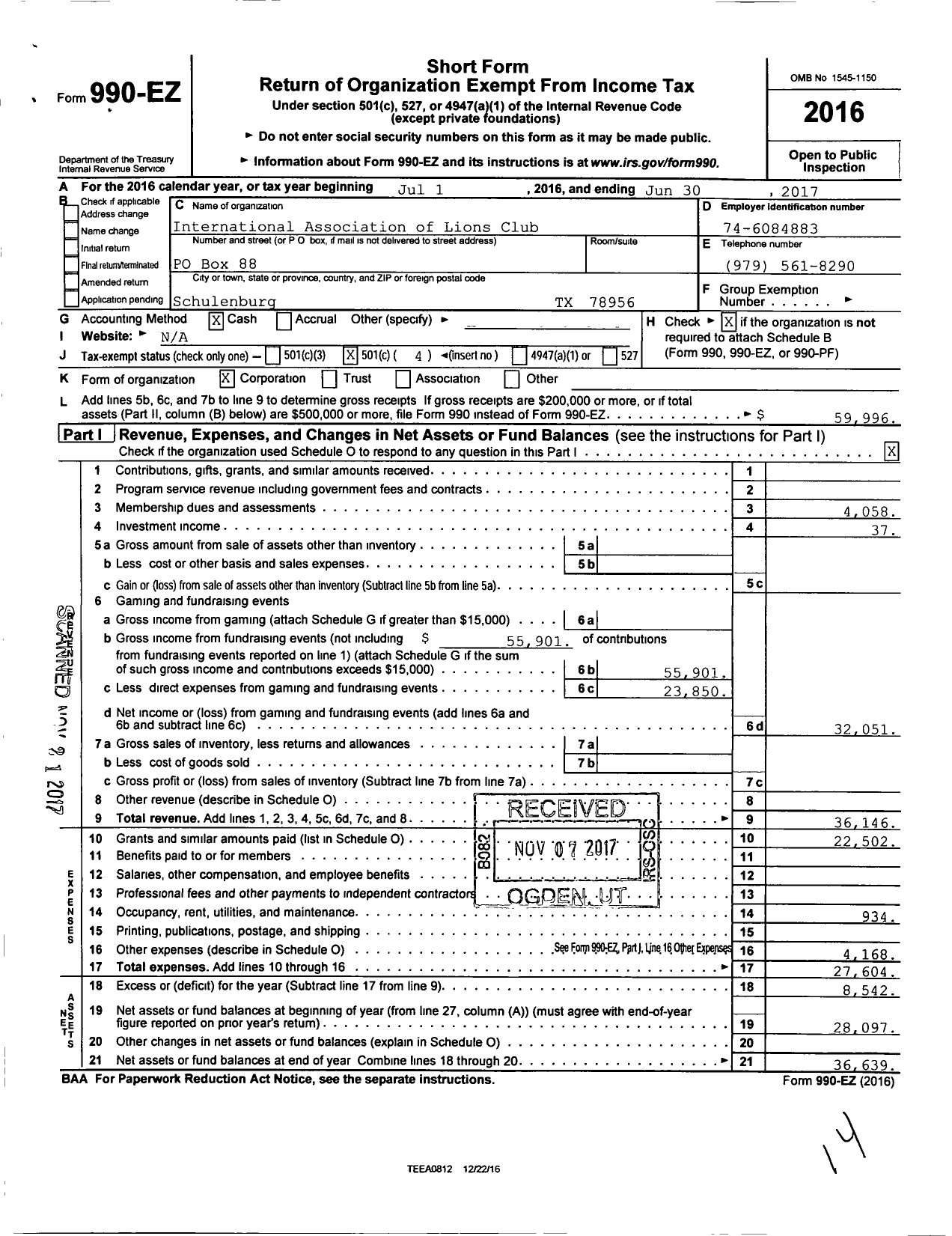 Image of first page of 2016 Form 990EO for Lions Clubs - 1585 Schulenburg