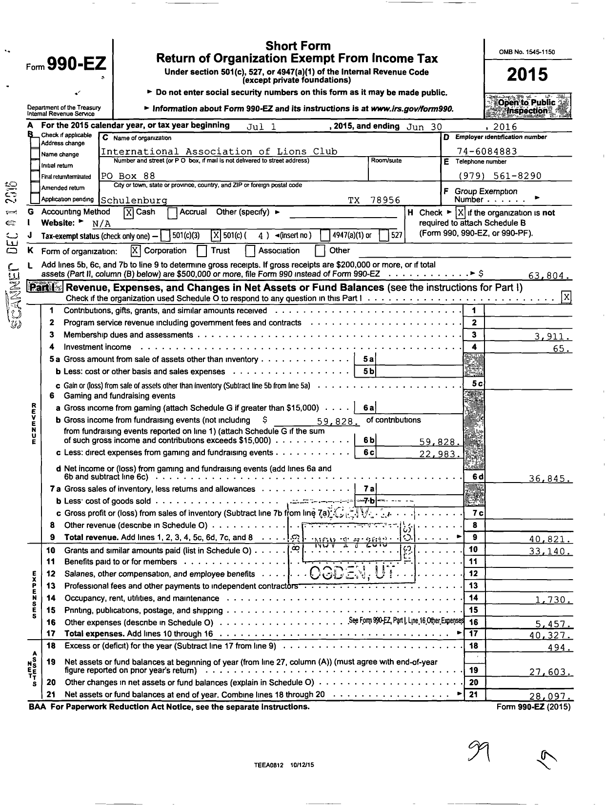 Image of first page of 2015 Form 990EO for Lions Clubs - 1585 Schulenburg