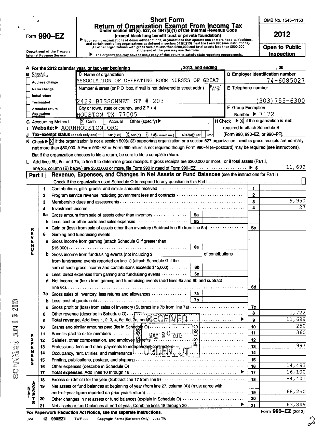 Image of first page of 2012 Form 990EO for Association of Operating Room Nurses - 4407 Greater Houston