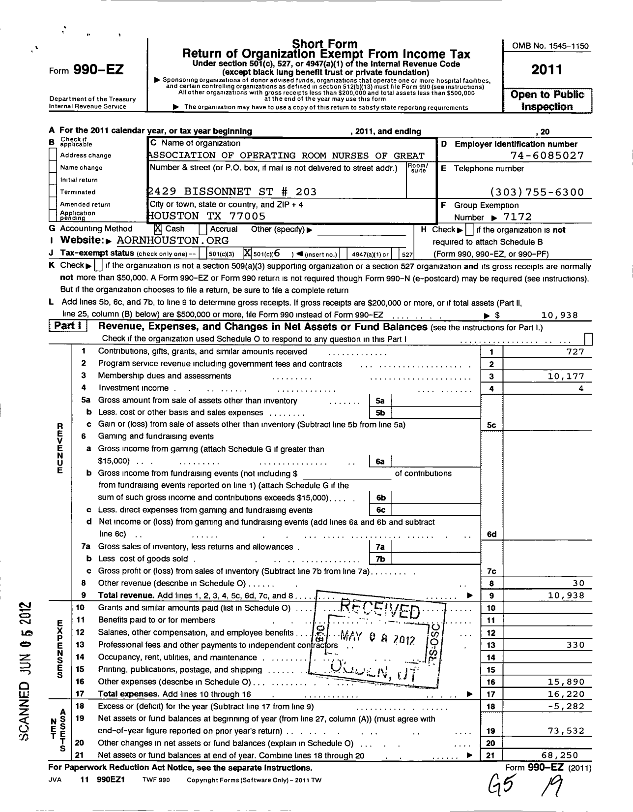 Image of first page of 2011 Form 990EO for Association of Operating Room Nurses - 4407 Greater Houston