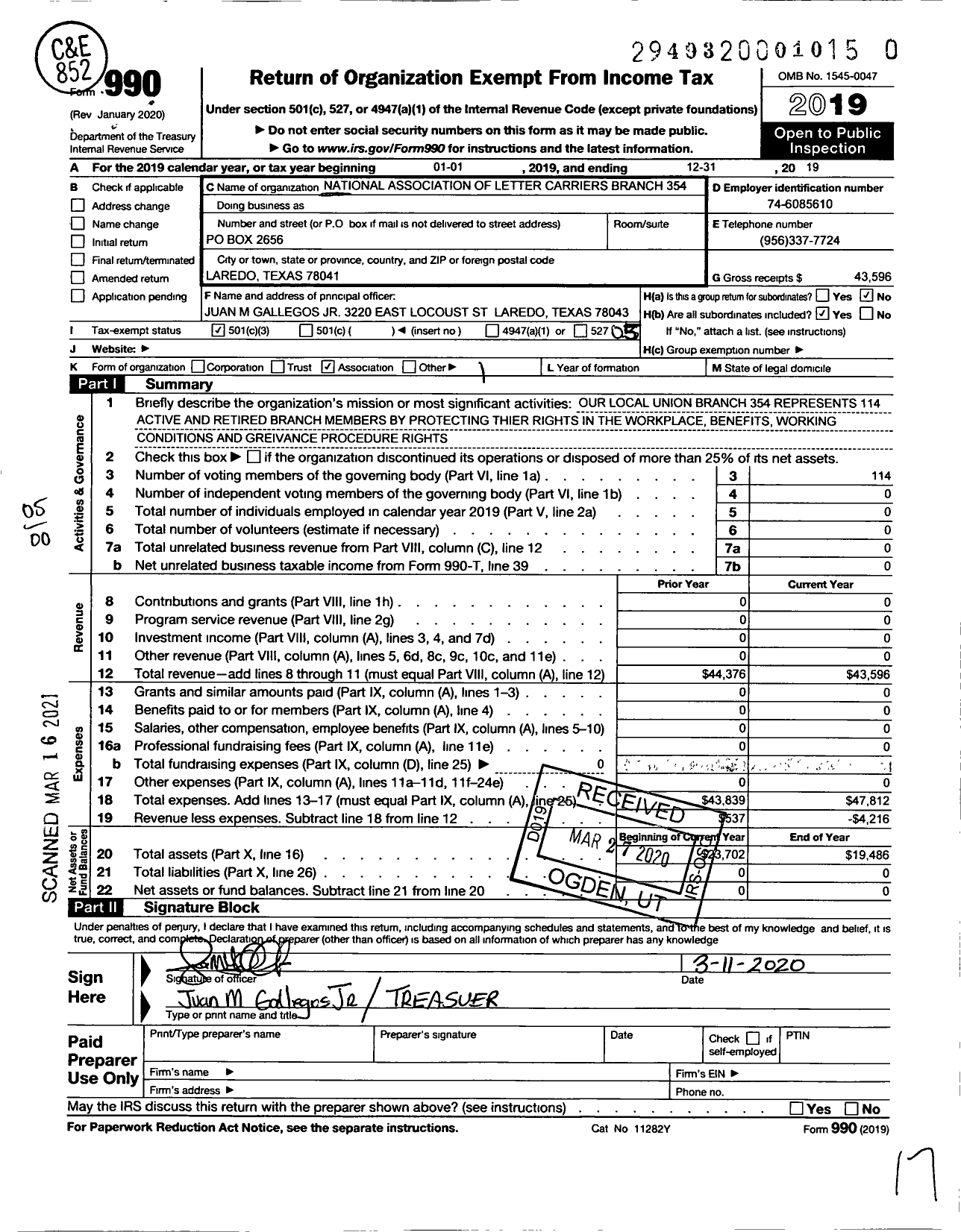 Image of first page of 2019 Form 990O for National Association of Letter Carriers - 354 Laredo Texas