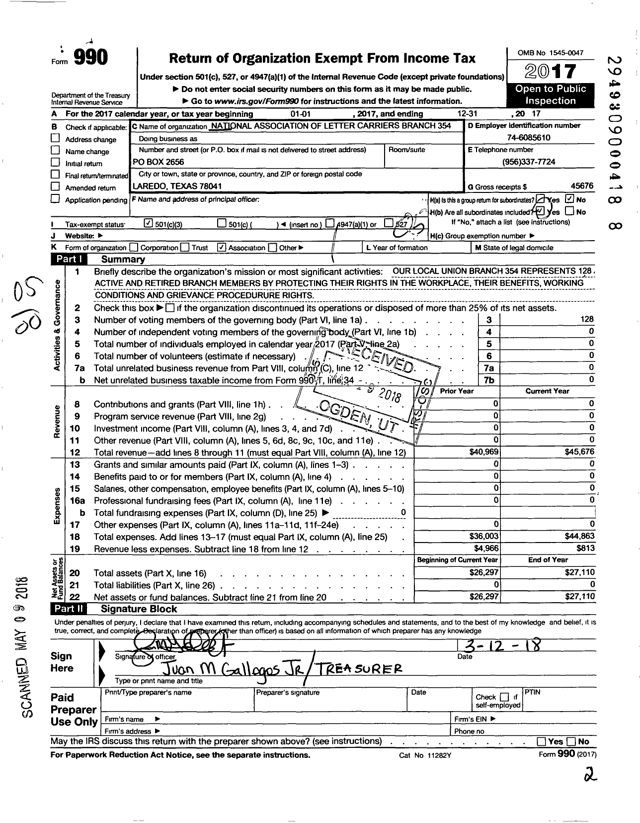 Image of first page of 2017 Form 990O for National Association of Letter Carriers - 354 Laredo Texas