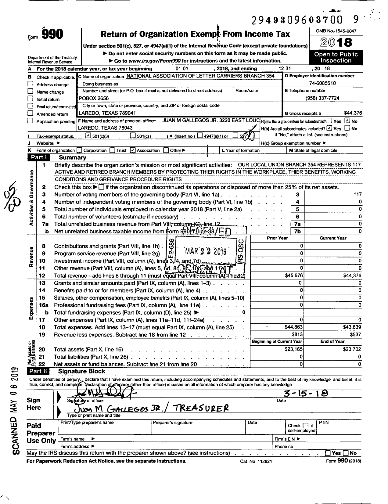 Image of first page of 2018 Form 990O for National Association of Letter Carriers - 354 Laredo Texas