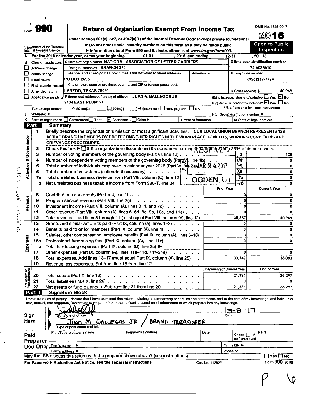 Image of first page of 2016 Form 990 for National Association of Letter Carriers - 354 Laredo Texas