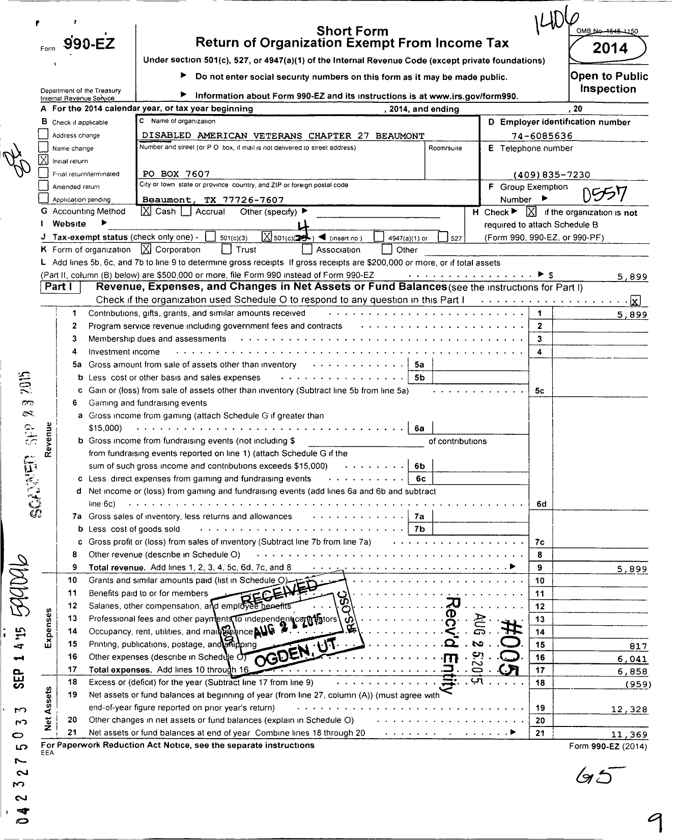 Image of first page of 2013 Form 990EO for Disabled American Veterans - 27 Beaumont Chapter