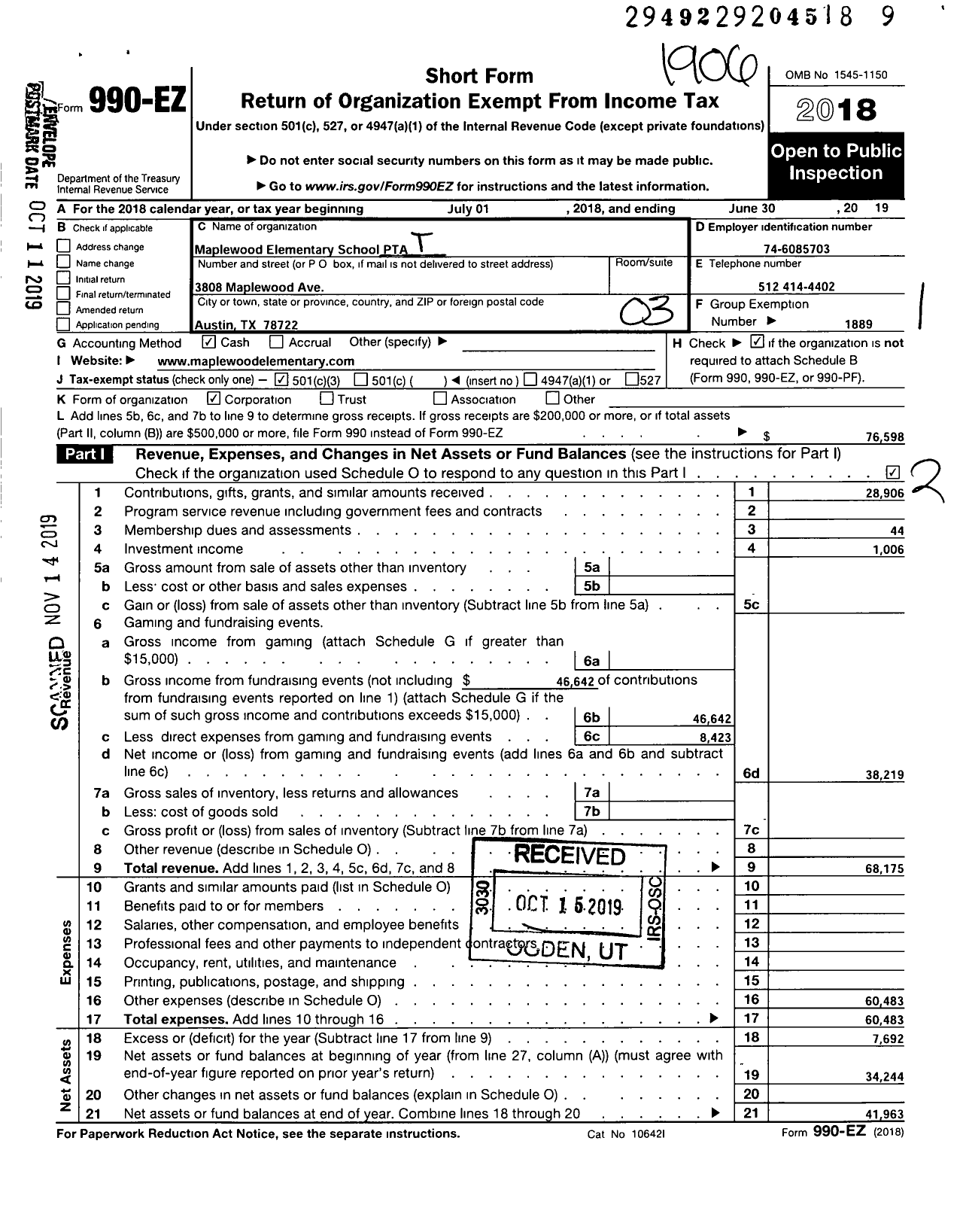 Image of first page of 2018 Form 990EZ for Texas PTA - 752 Maplewood Elementary