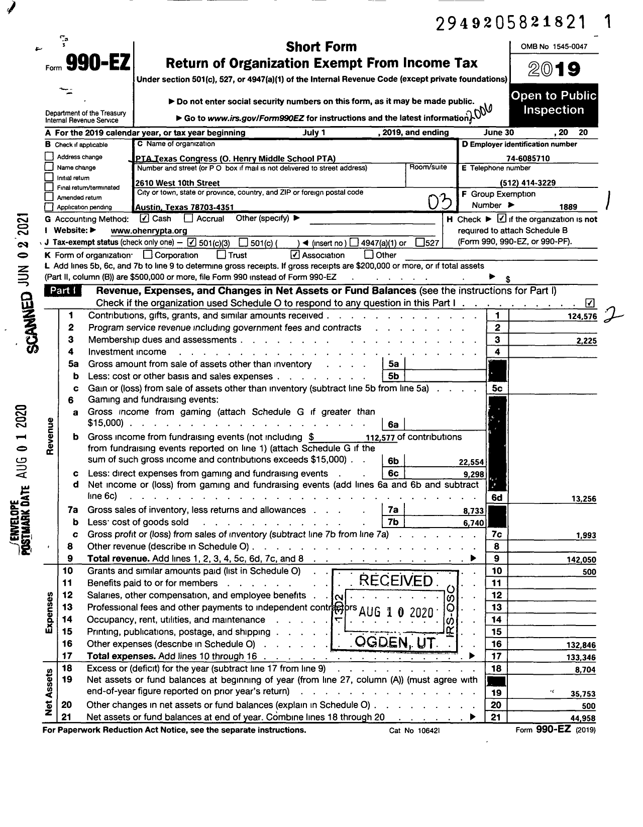 Image of first page of 2019 Form 990EZ for Texas PTA - 7720 O Henry Middle PTA