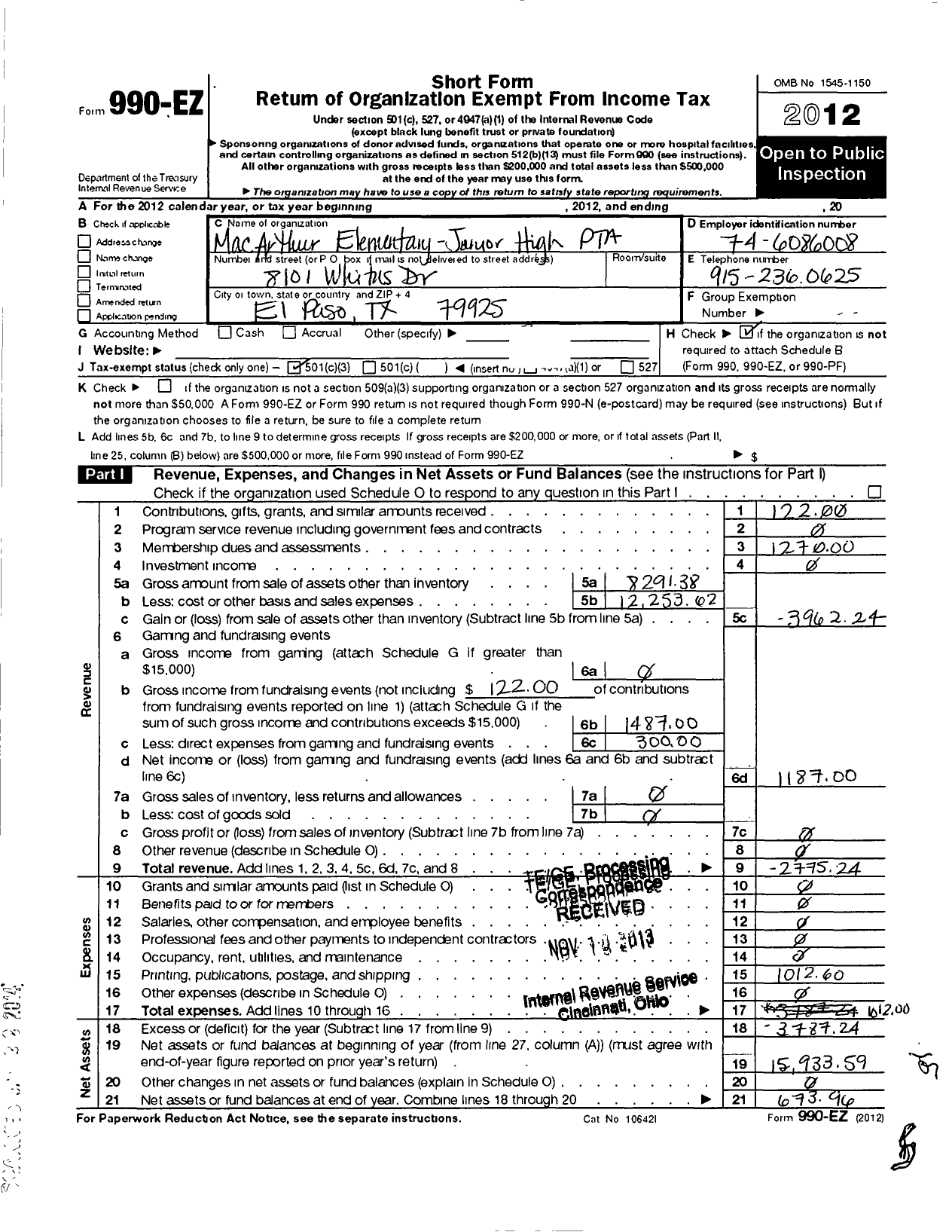 Image of first page of 2012 Form 990EZ for PTA Texas Congress / 3184 Macarthur Elementary-Jr High