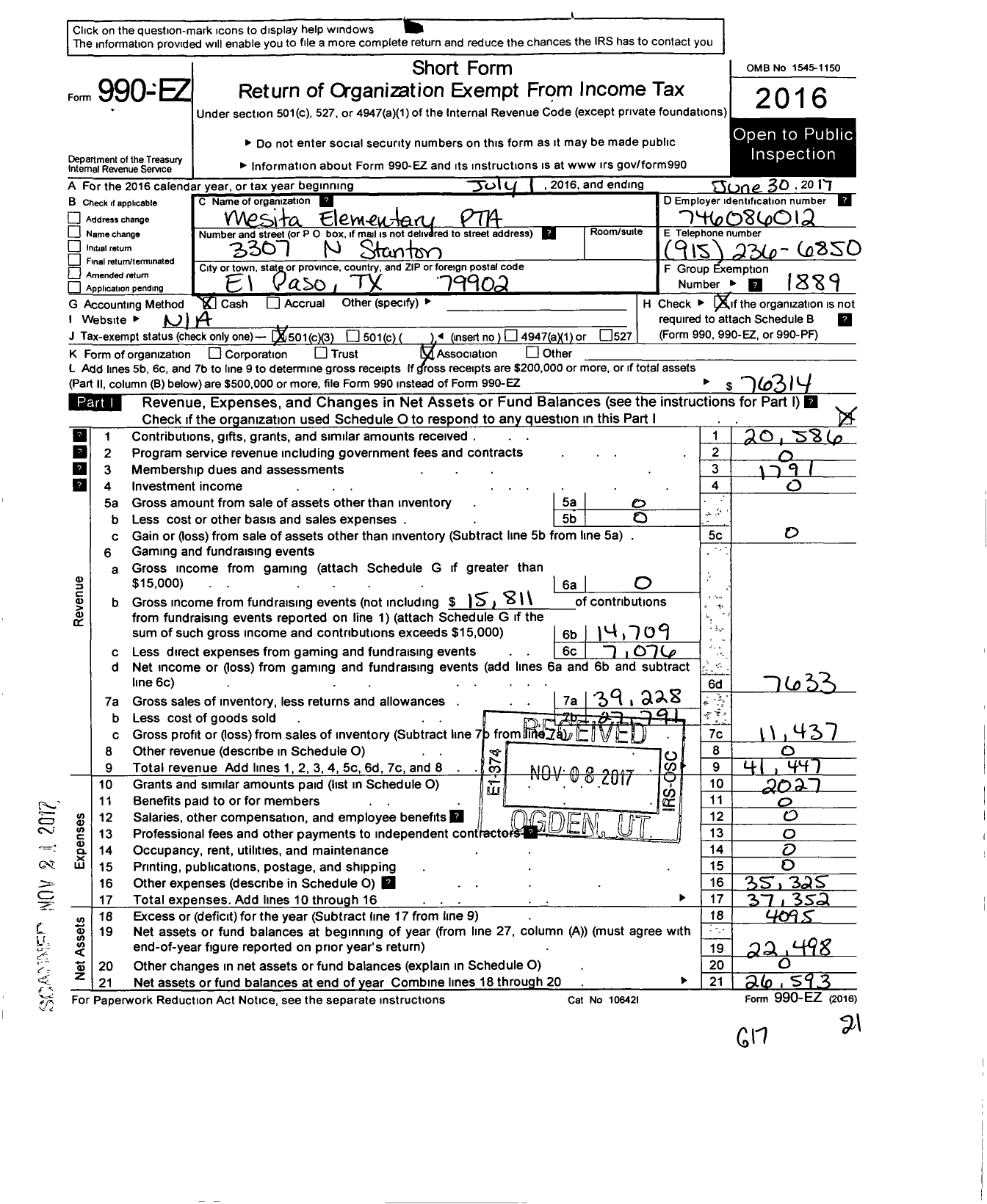 Image of first page of 2016 Form 990EZ for Texas PTA - 3192 Mesita Elementary PTA