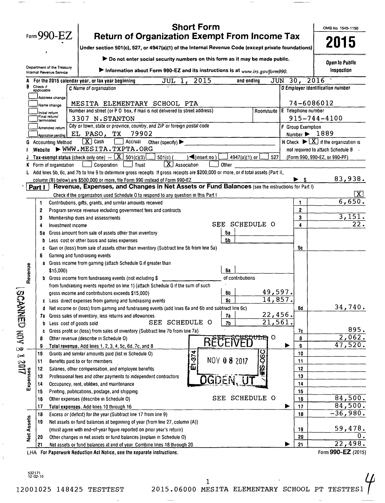 Image of first page of 2015 Form 990EZ for Texas PTA - 3192 Mesita Elementary PTA