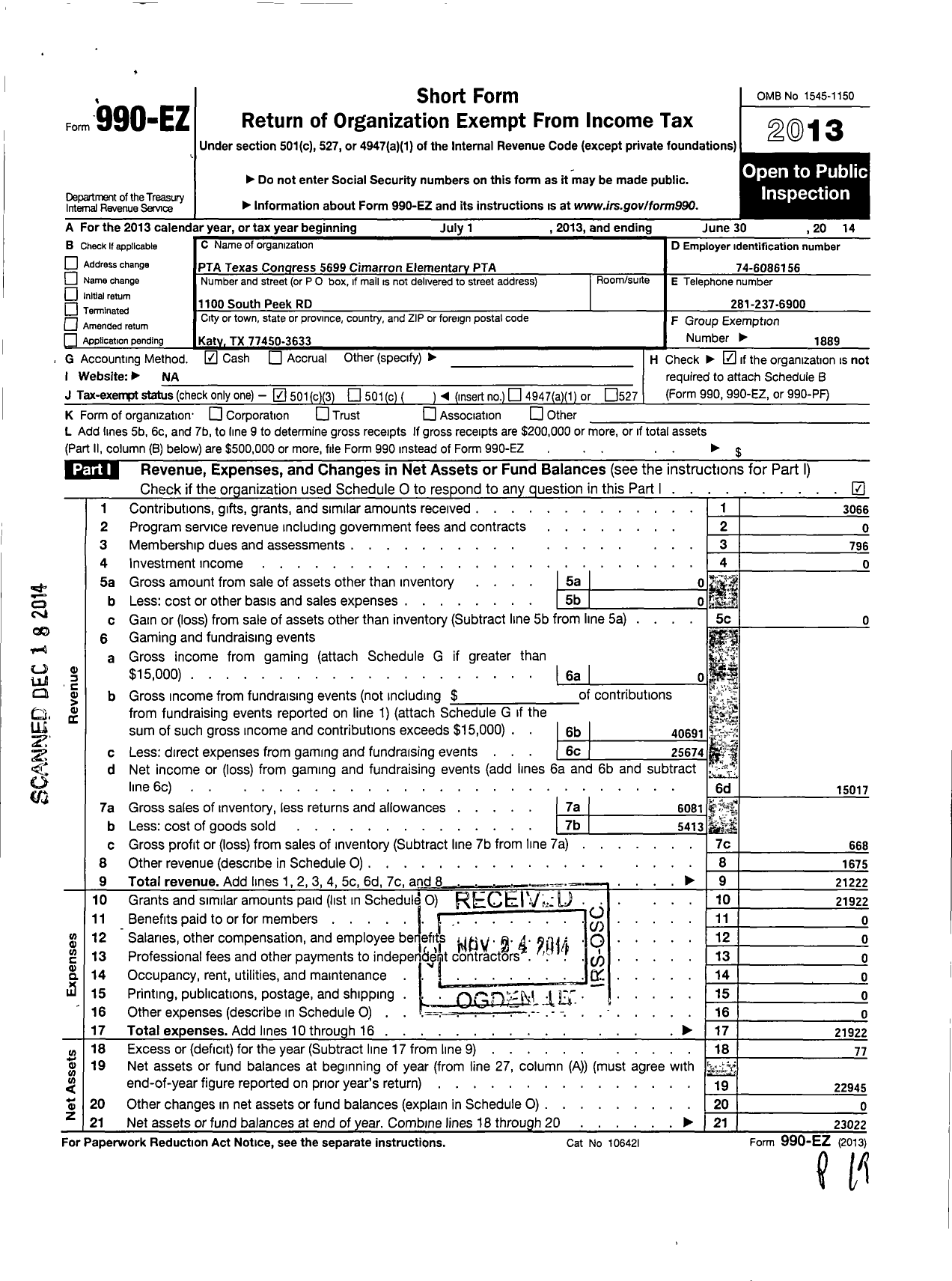 Image of first page of 2013 Form 990EZ for Texas PTA - 5699 Cimarron Elementary PTA