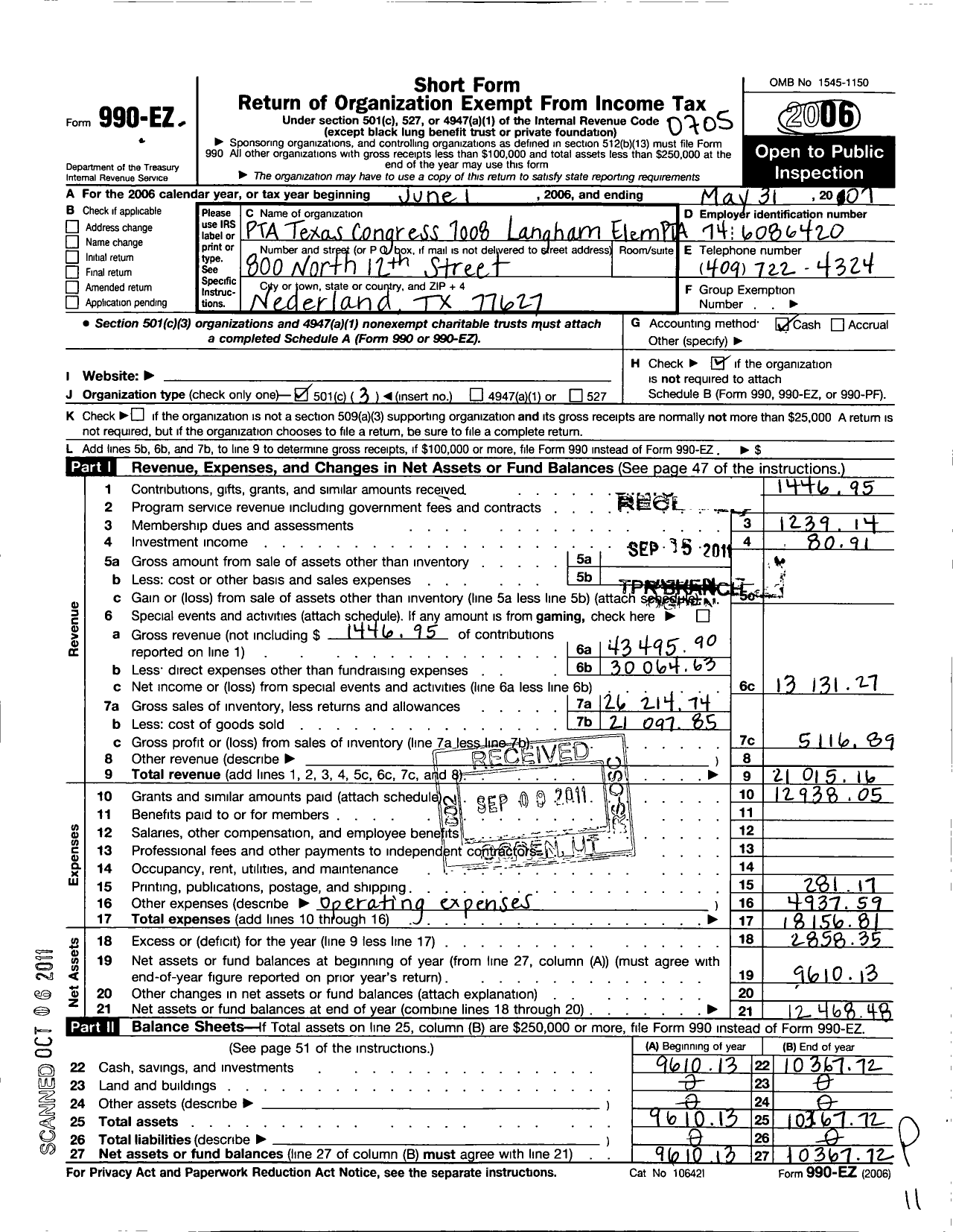 Image of first page of 2006 Form 990EZ for Texas PTA - 7008 Langham Elementary