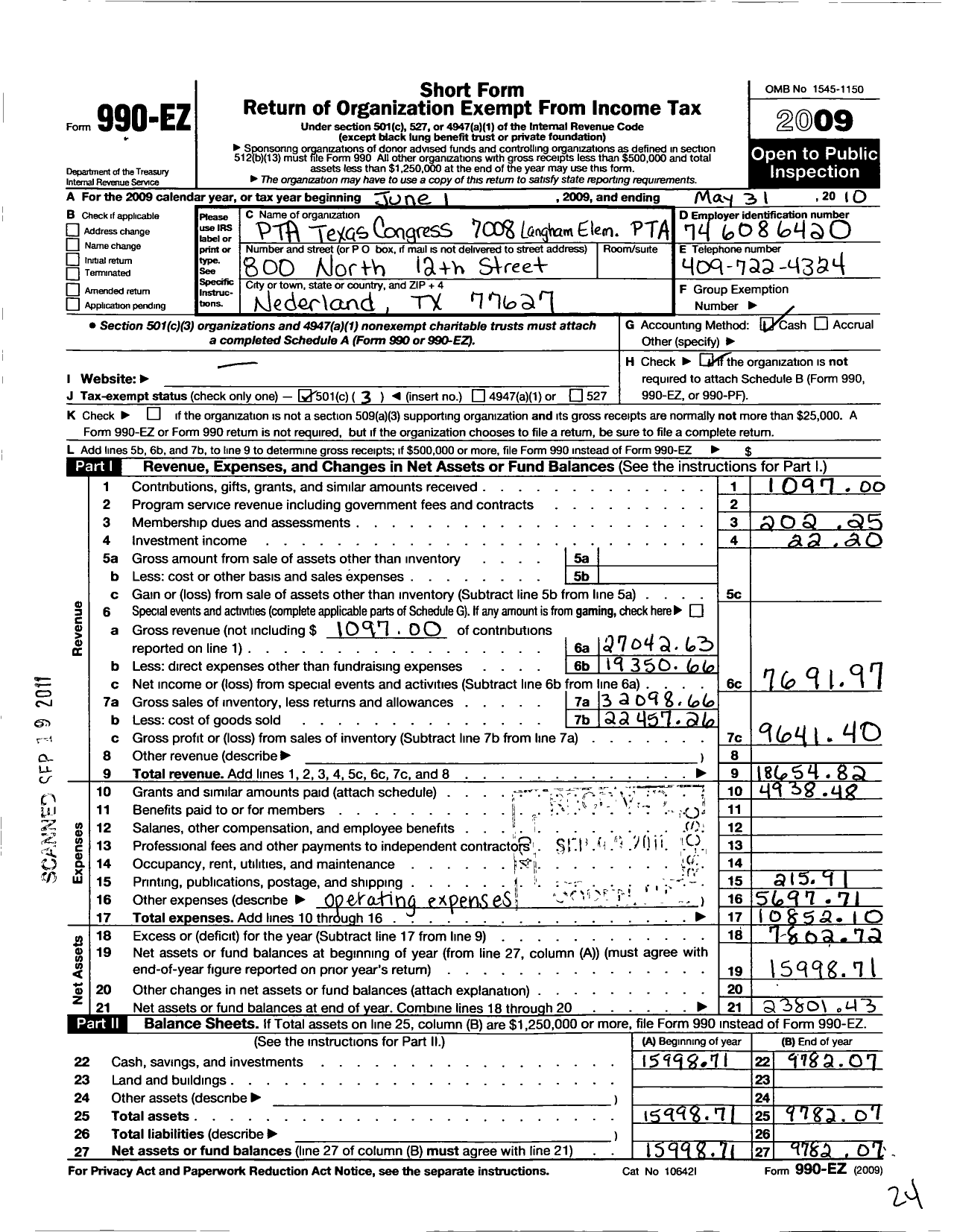 Image of first page of 2009 Form 990EZ for Texas PTA - 7008 Langham Elementary