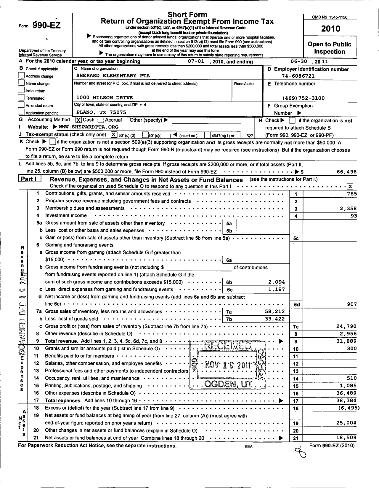 Image of first page of 2010 Form 990EZ for TEXAS PTA - 7434 Shepard Elementary PTA