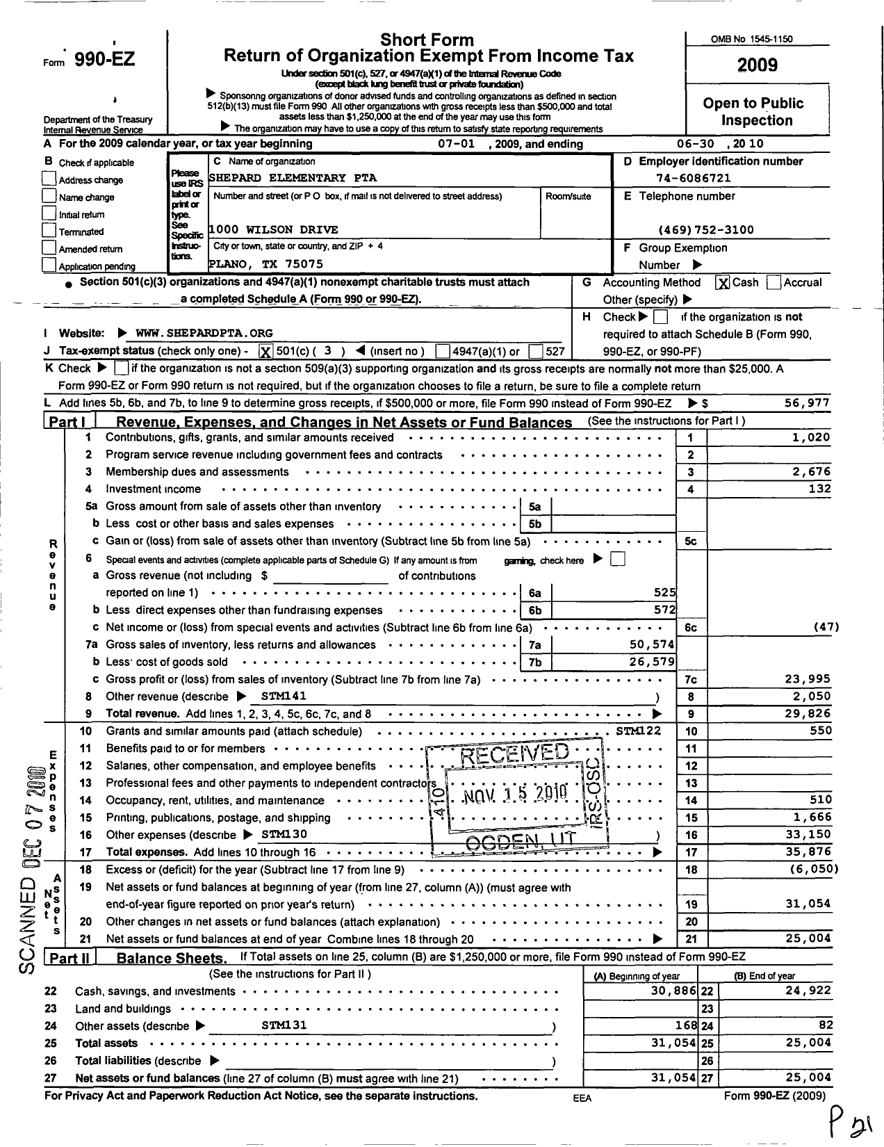 Image of first page of 2009 Form 990EZ for TEXAS PTA - 7434 Shepard Elementary PTA