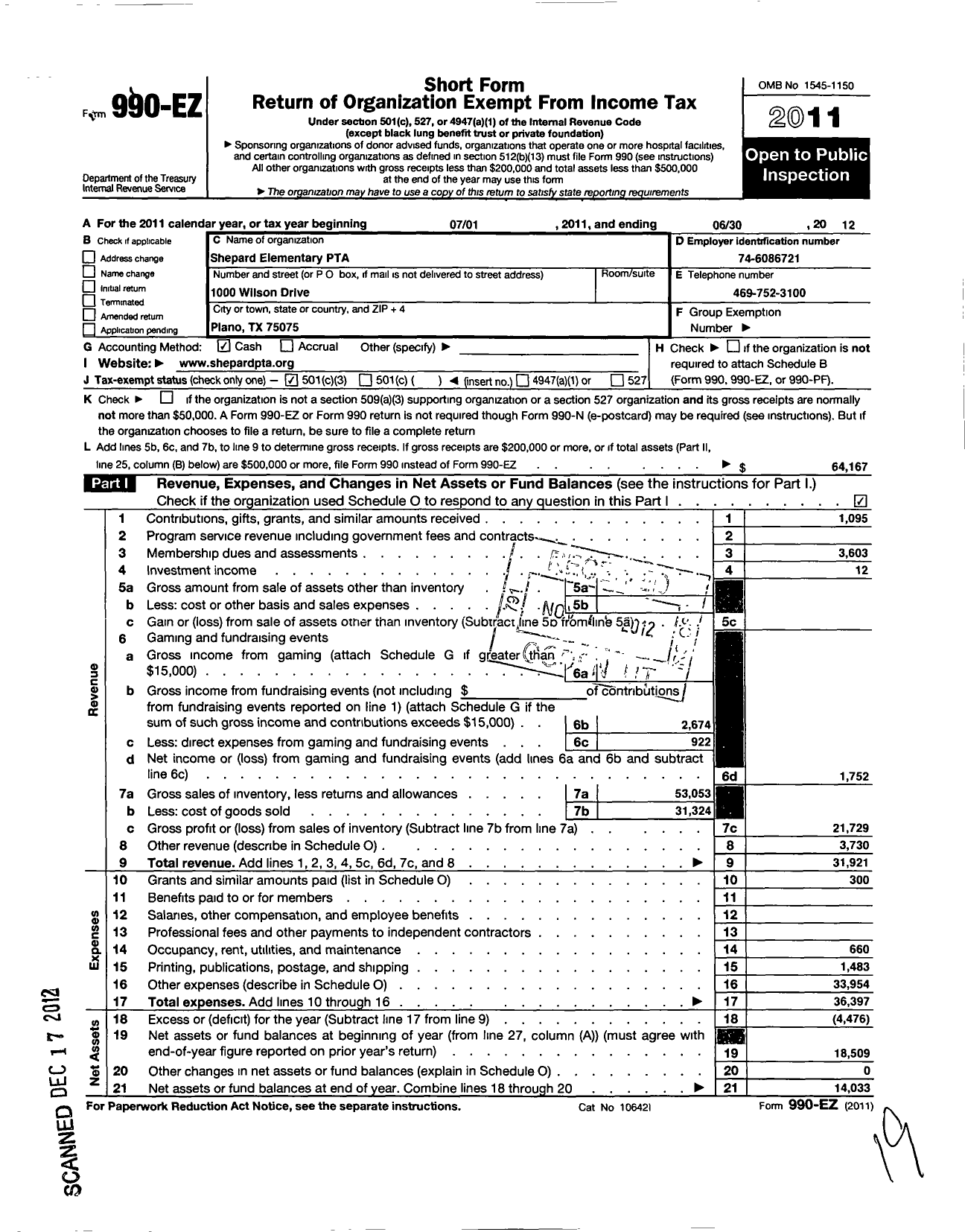 Image of first page of 2011 Form 990EZ for TEXAS PTA - 7434 Shepard Elementary PTA