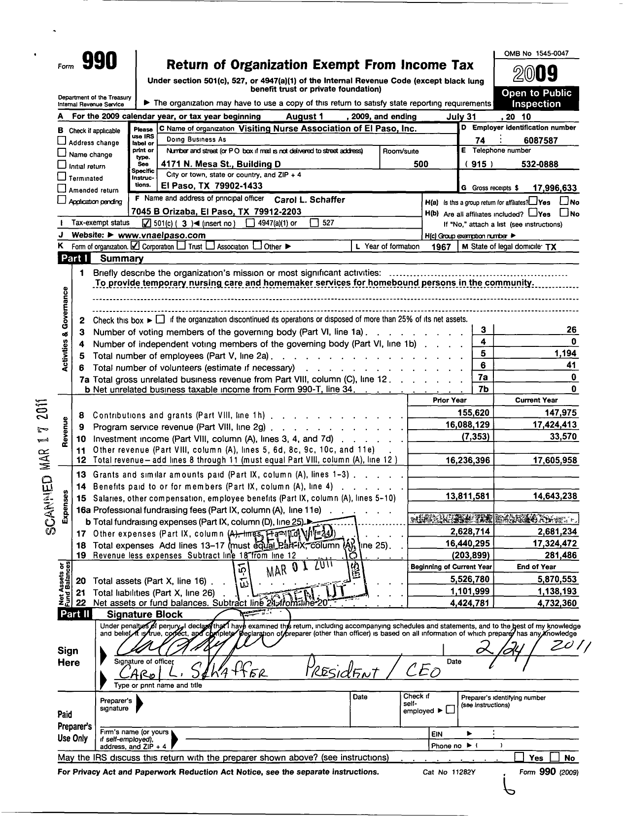 Image of first page of 2009 Form 990 for Visiting Nurse Association of El Paso