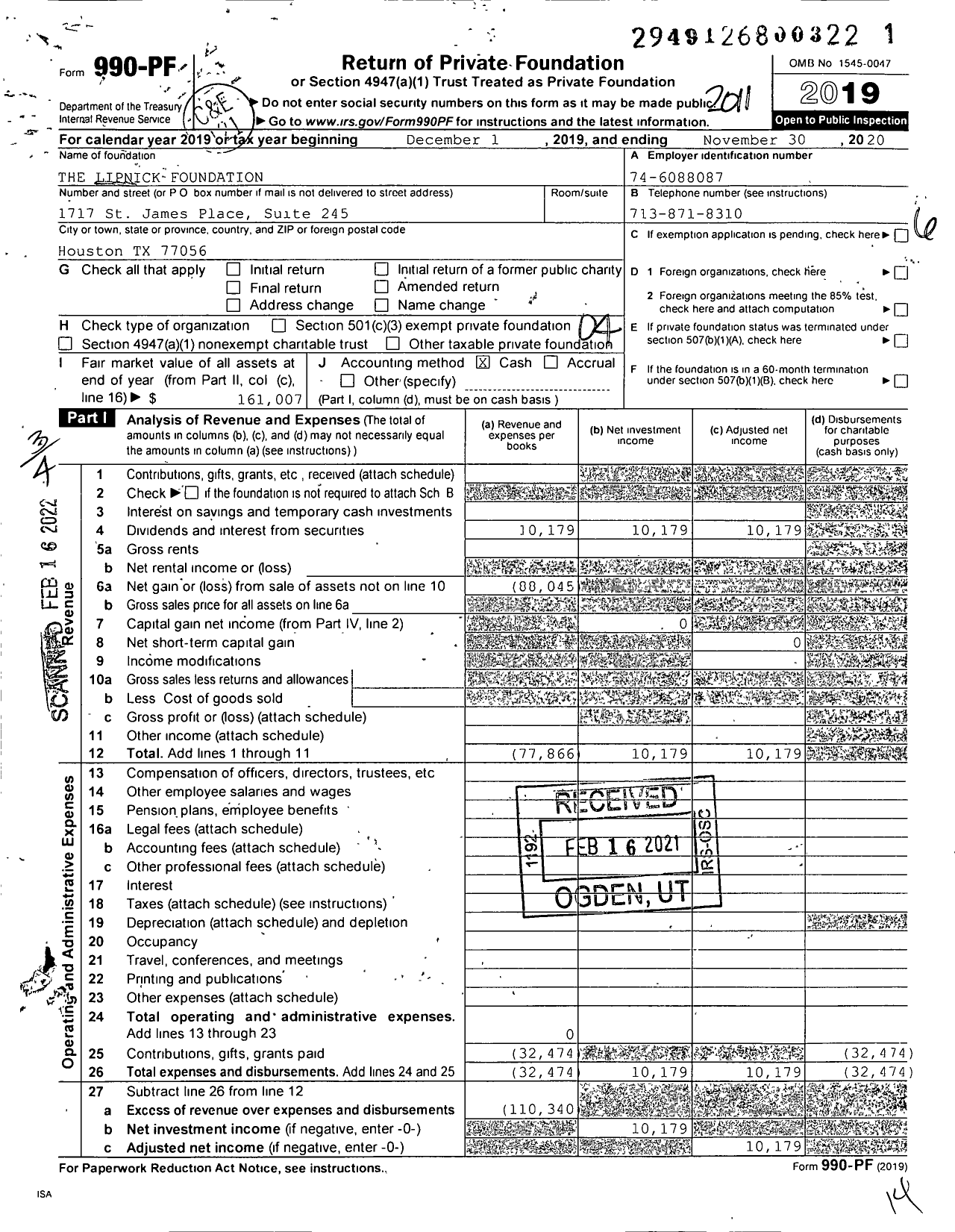 Image of first page of 2019 Form 990PF for The Lipnick Foundation