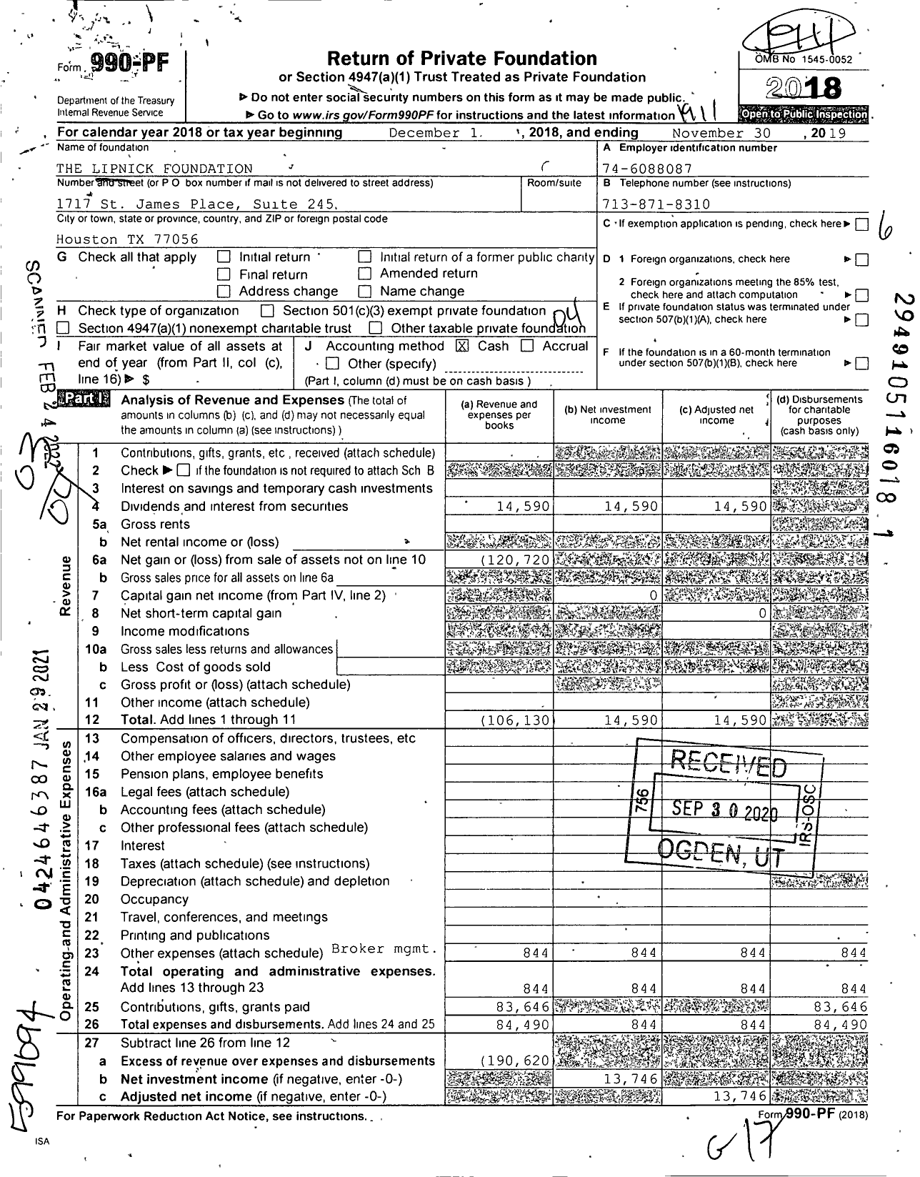 Image of first page of 2018 Form 990PF for The Lipnick Foundation