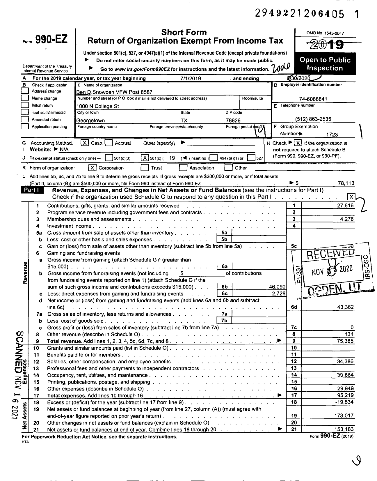 Image of first page of 2019 Form 990EO for Texas VFW - 8587 MSGT Ben D Snowden