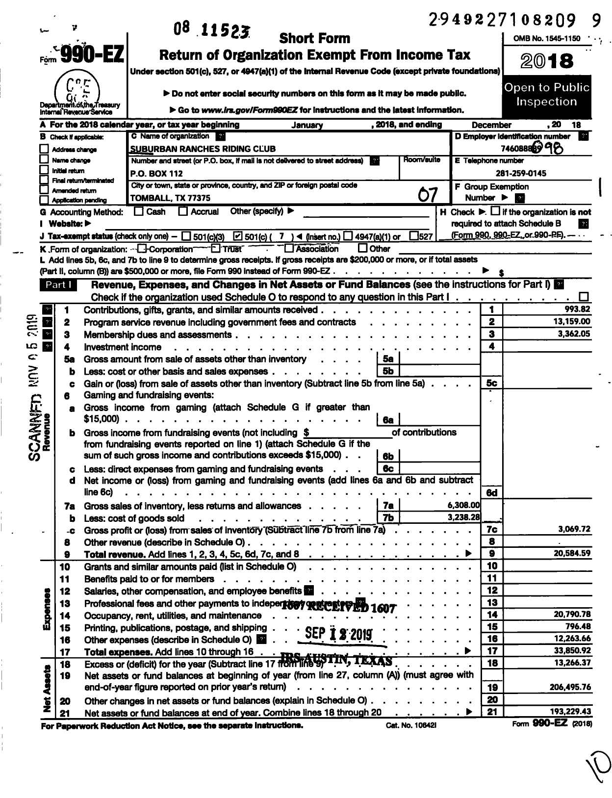 Image of first page of 2018 Form 990EO for Suburban Ranches Riding Club