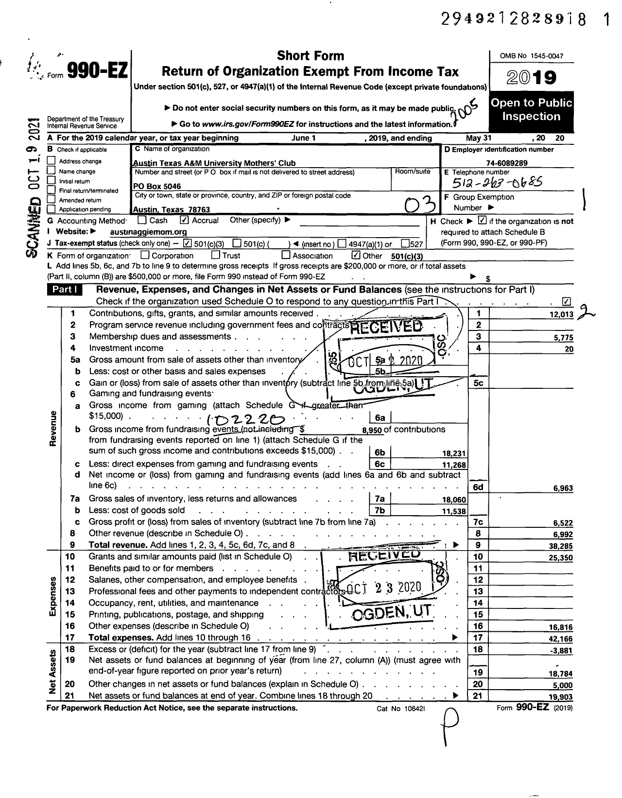 Image of first page of 2019 Form 990EZ for Federation of Texas A&m University Mothers Club / Austin Texas