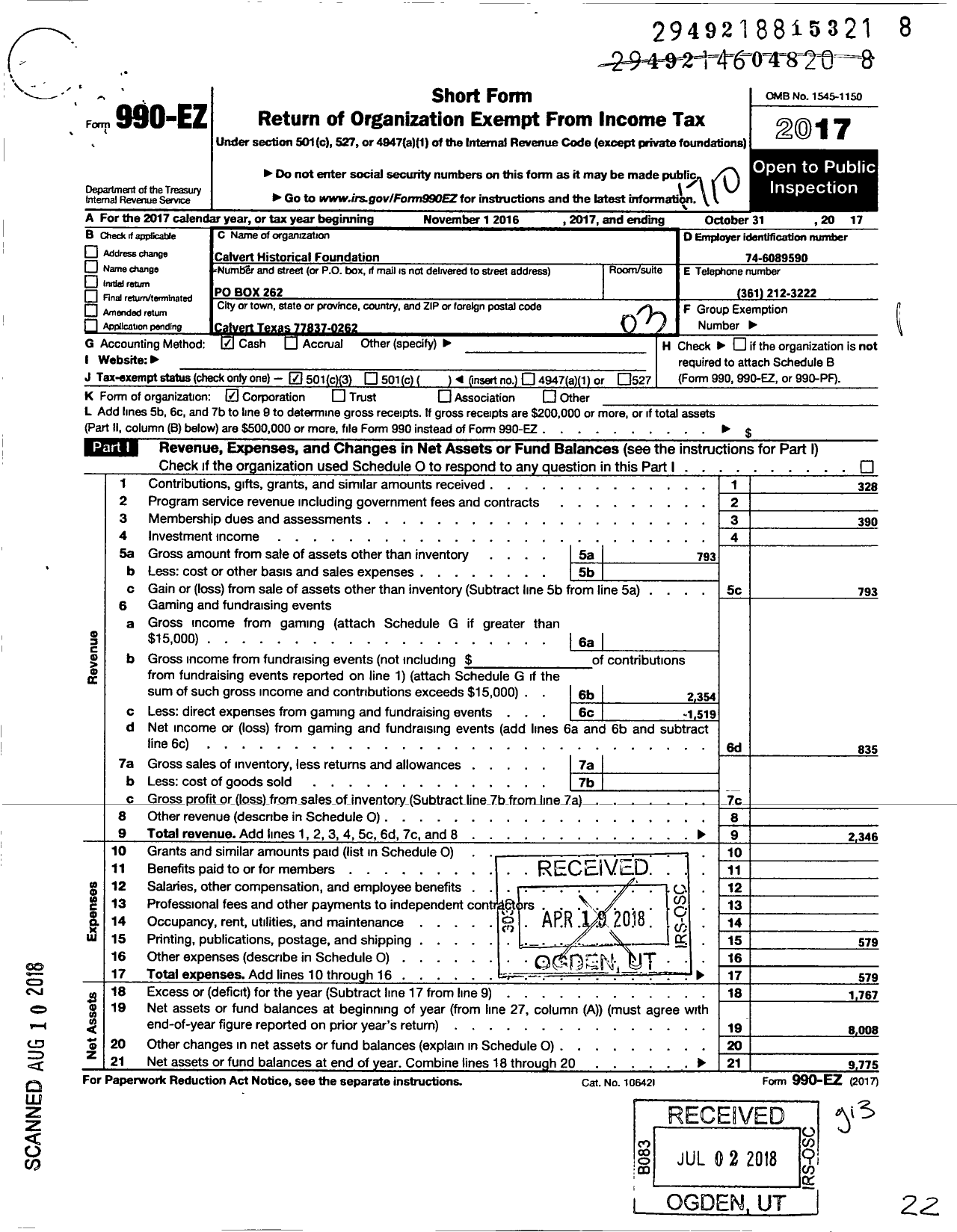 Image of first page of 2016 Form 990EZ for Calvert Historical Foundation