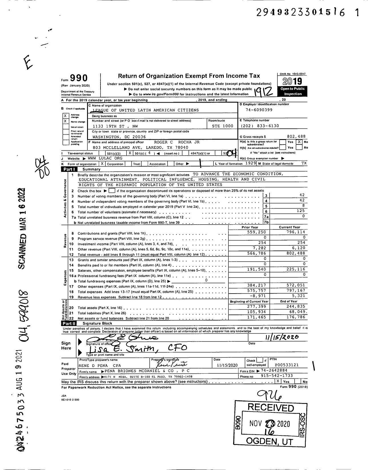 Image of first page of 2019 Form 990O for League of United Latin American Citizens (LULAC)