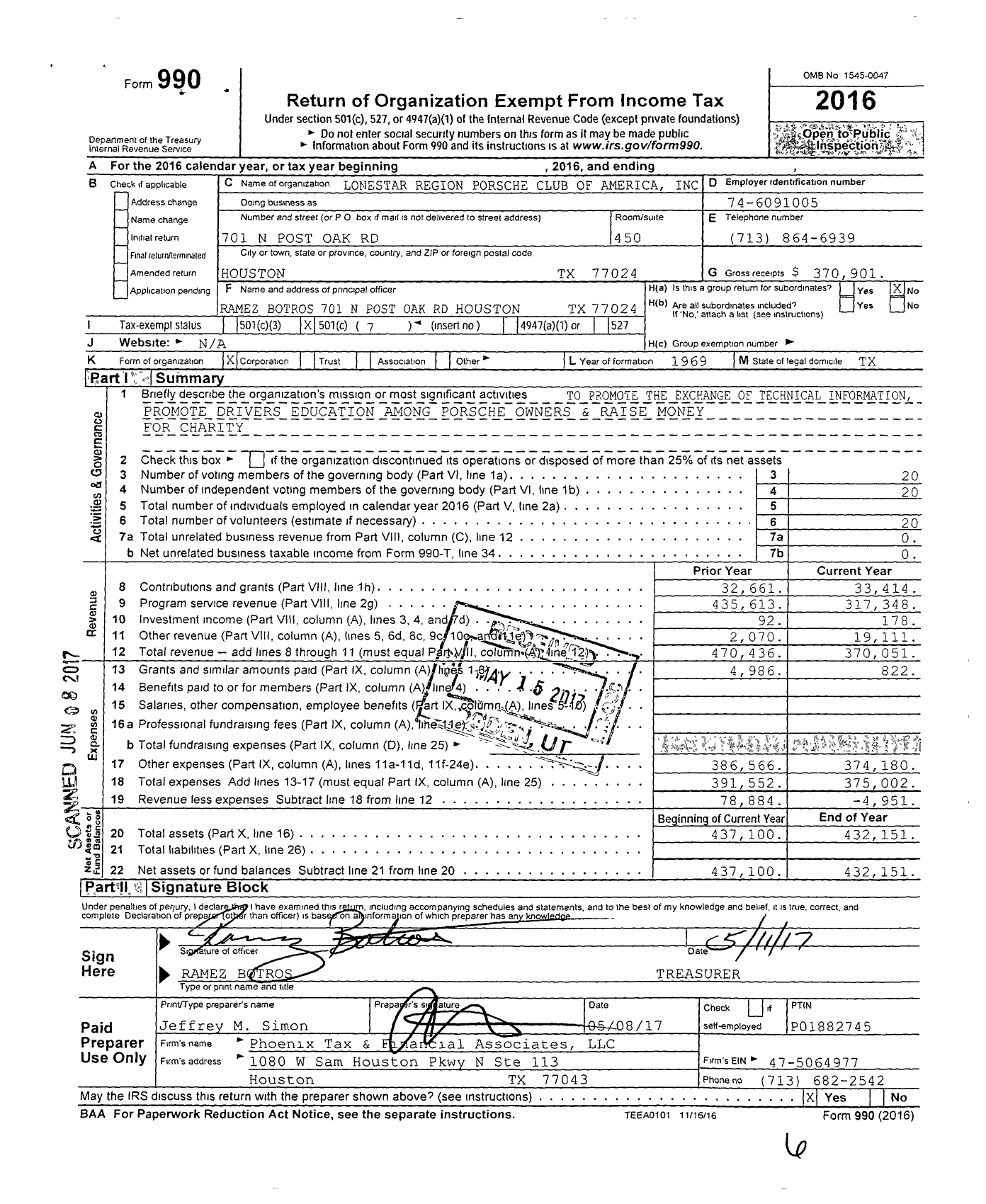 Image of first page of 2016 Form 990O for Lonestar Region Porsche Club of America