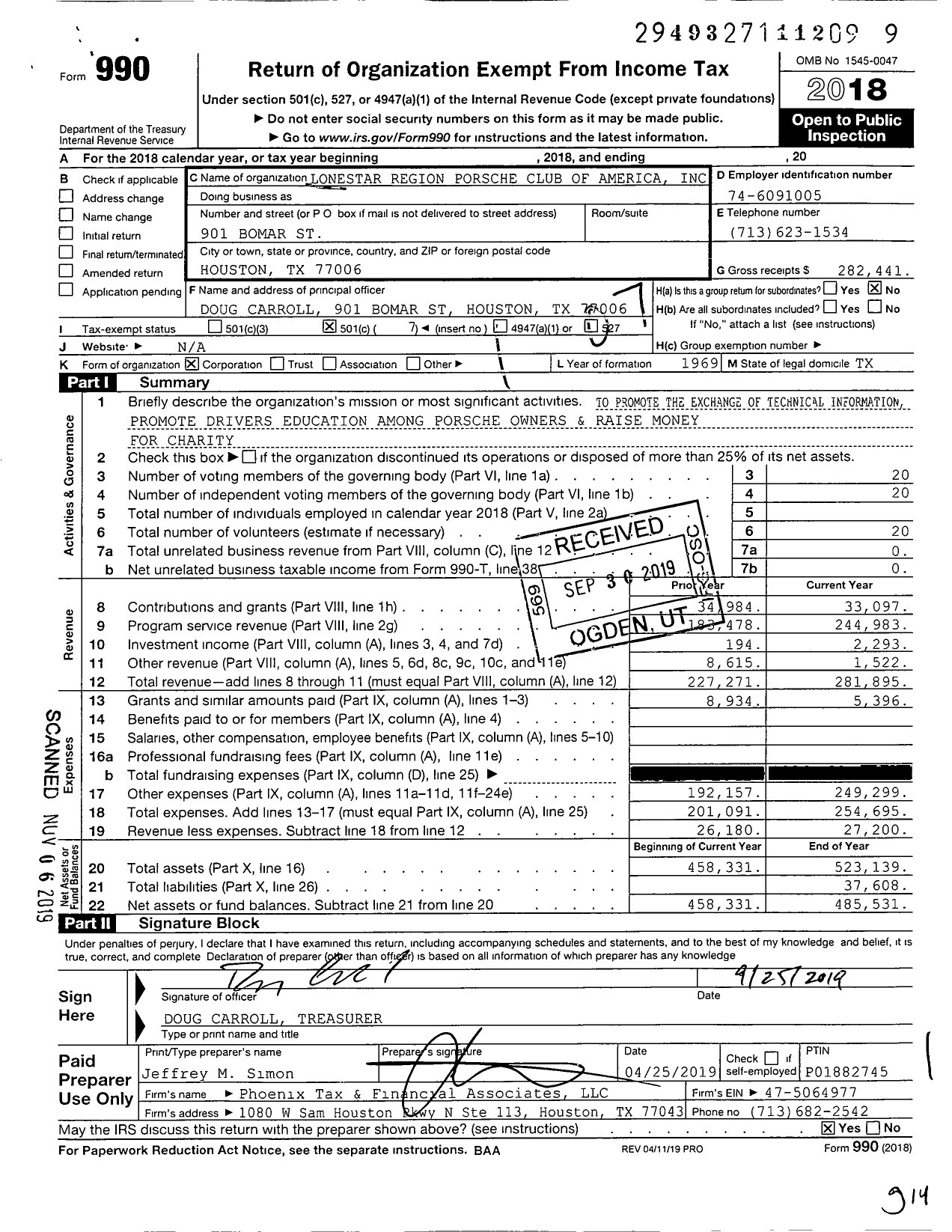 Image of first page of 2018 Form 990O for Lonestar Region Porsche Club of America