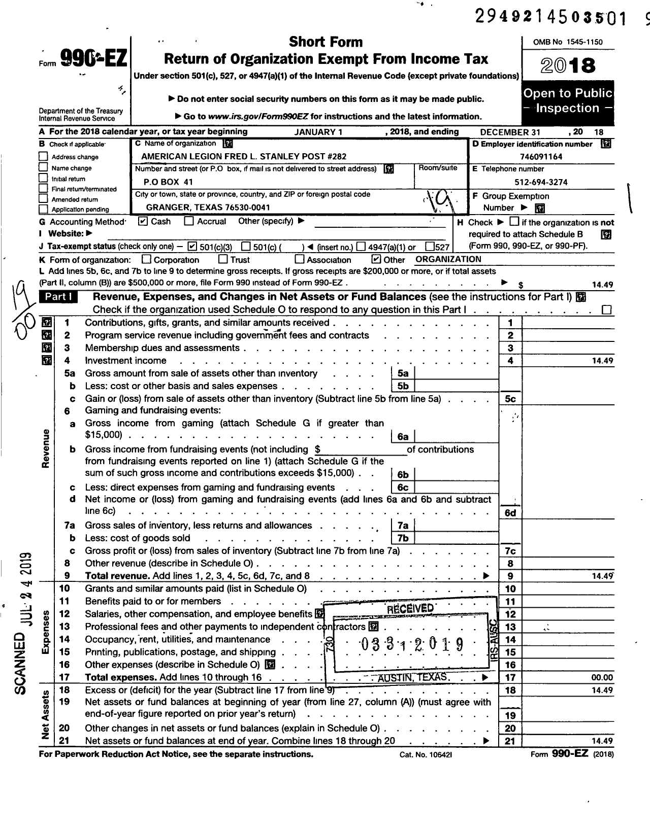 Image of first page of 2018 Form 990EO for American Legion - 282 Fred L Stanley