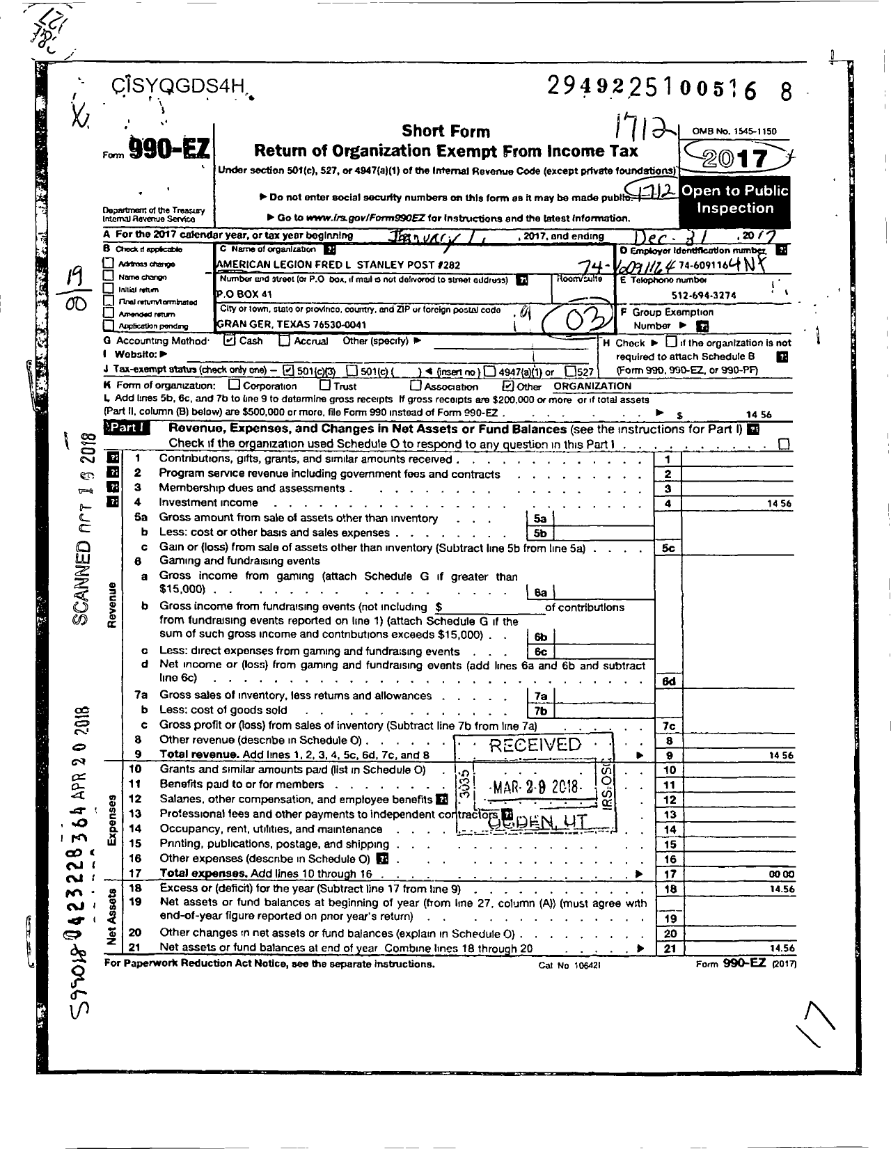 Image of first page of 2017 Form 990EO for American Legion - 282 Fred L Stanley