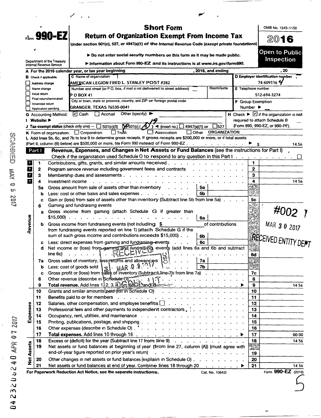 Image of first page of 2016 Form 990EO for American Legion - 282 Fred L Stanley