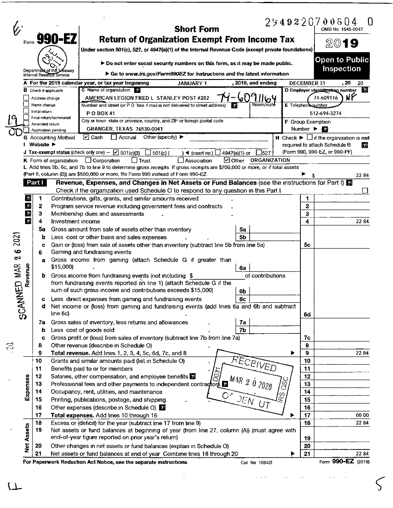 Image of first page of 2020 Form 990EO for American Legion - 282 Fred L Stanley