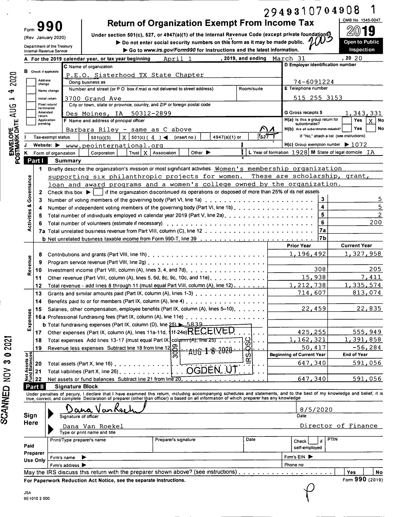 Image of first page of 2019 Form 990O for PEO Sisterhood International - TX State Chapter (PEO)