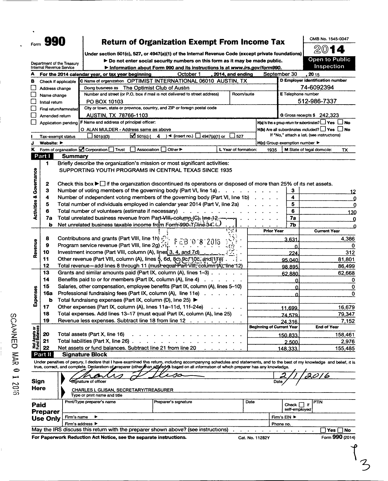 Image of first page of 2014 Form 990O for Optimist International 06010 Austin TX