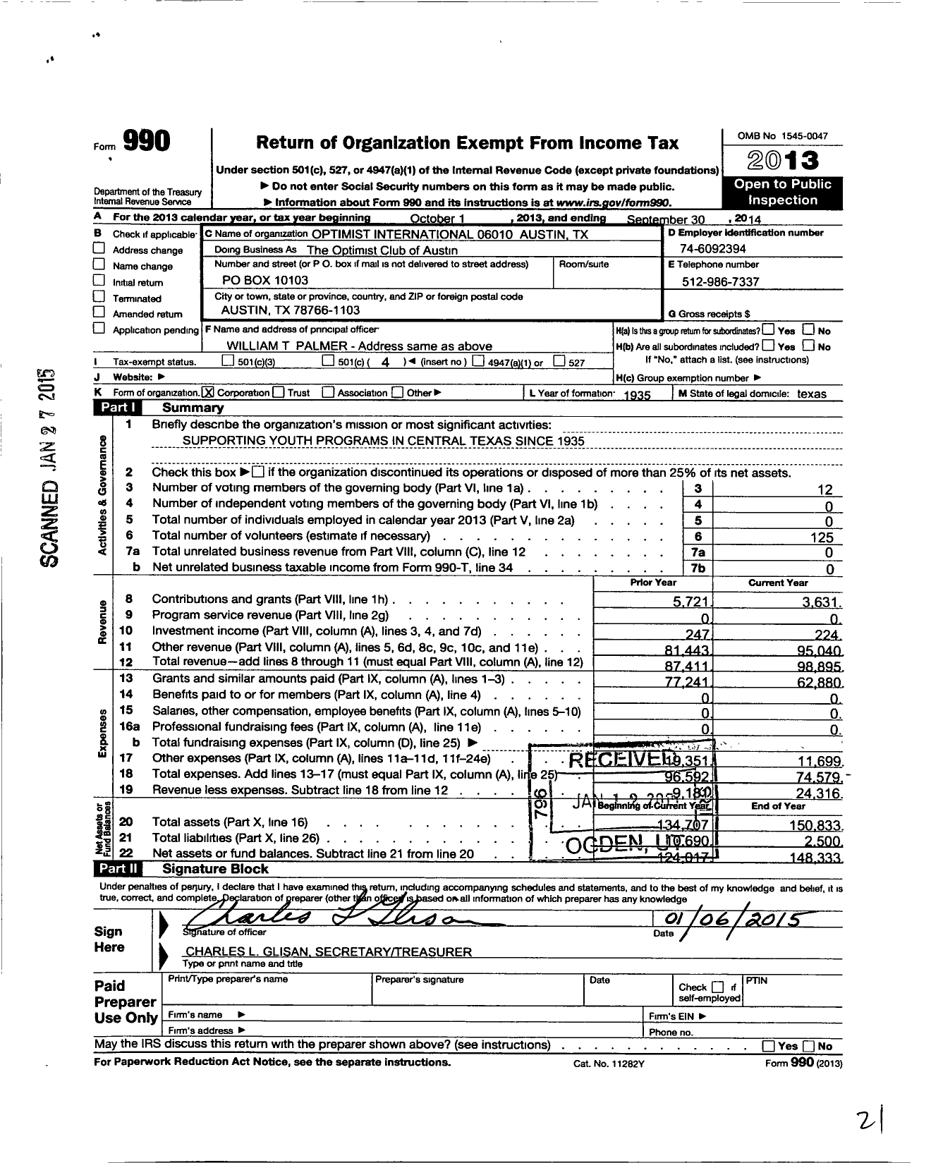 Image of first page of 2013 Form 990O for Optimist International 06010 Austin TX