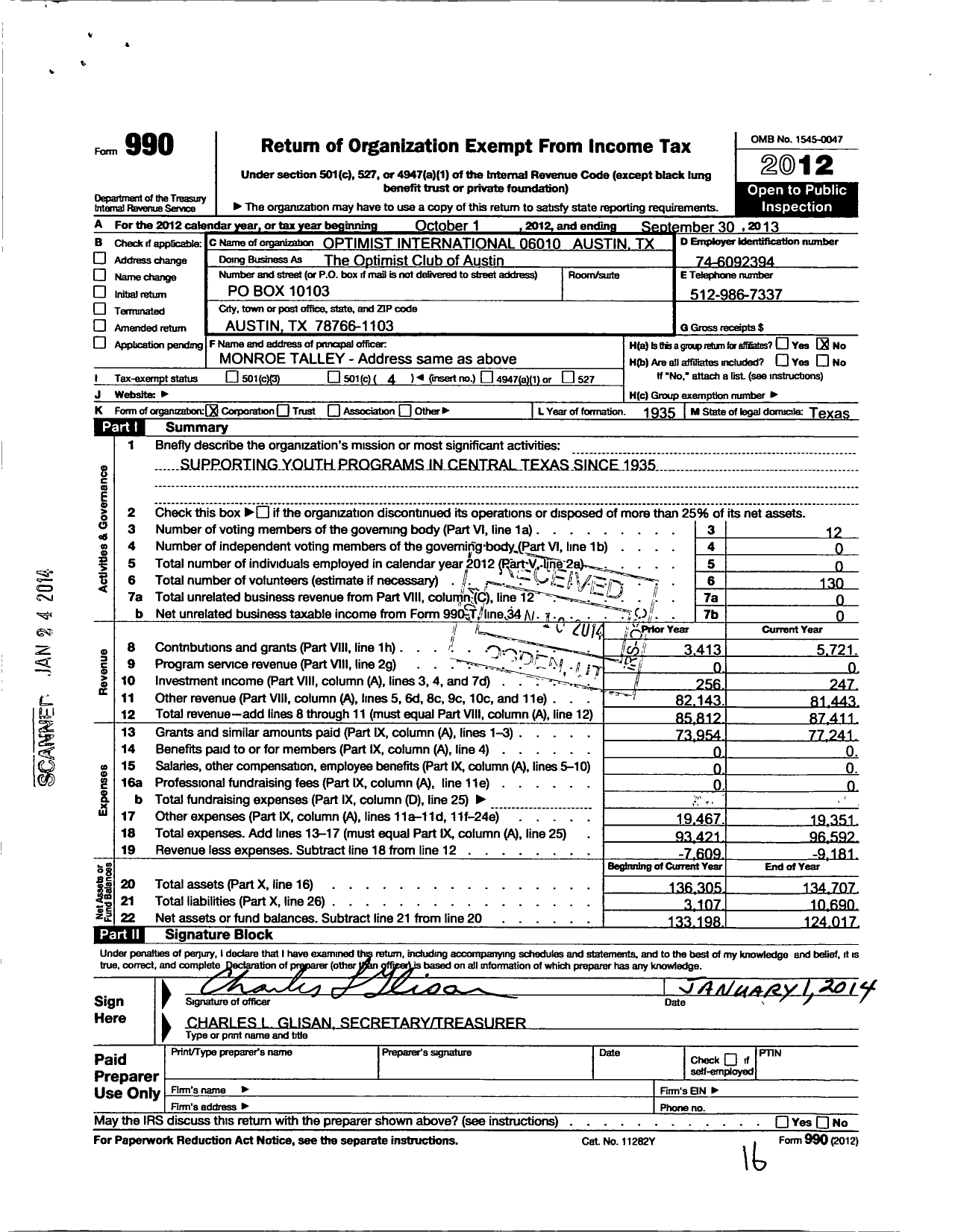 Image of first page of 2012 Form 990O for Optimist International 06010 Austin TX