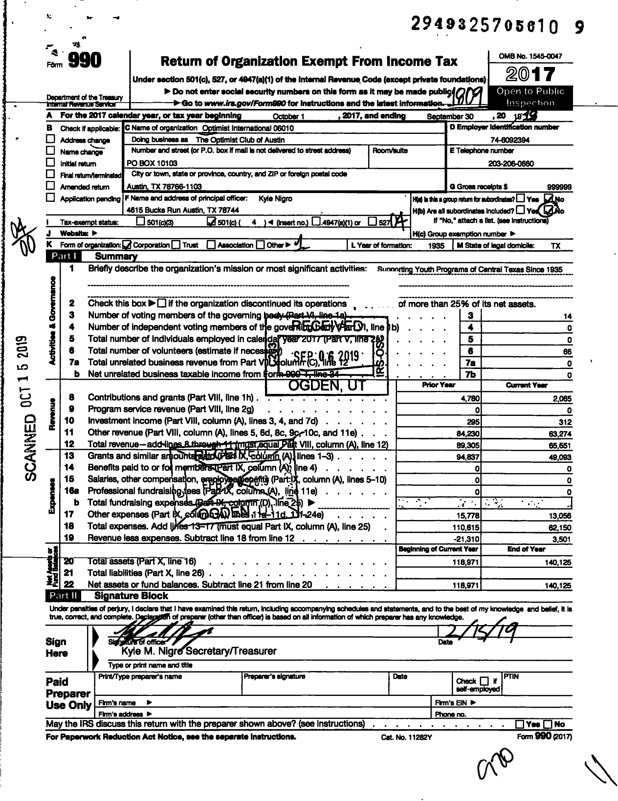 Image of first page of 2017 Form 990O for Optimist International 06010 Austin TX