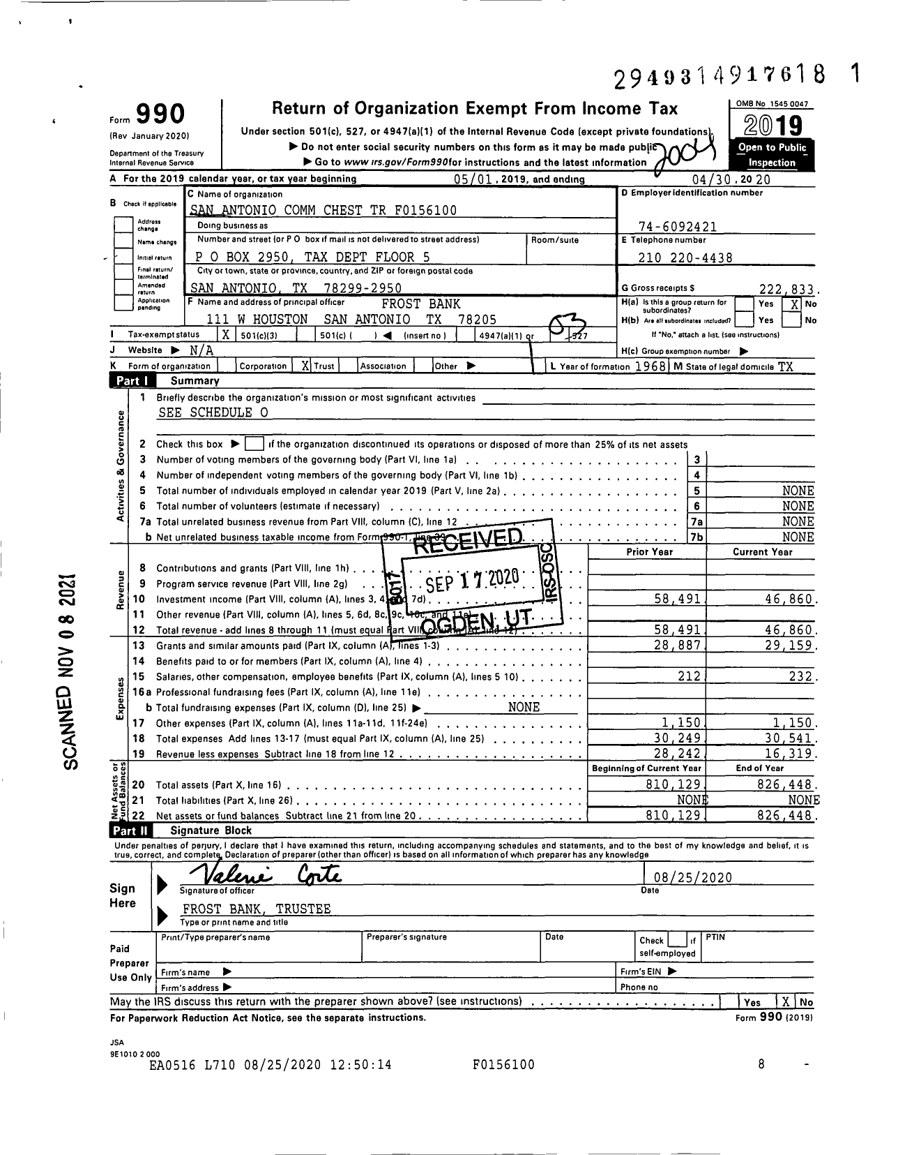 Image of first page of 2019 Form 990 for Community Chest of San Antonio TR F0156100