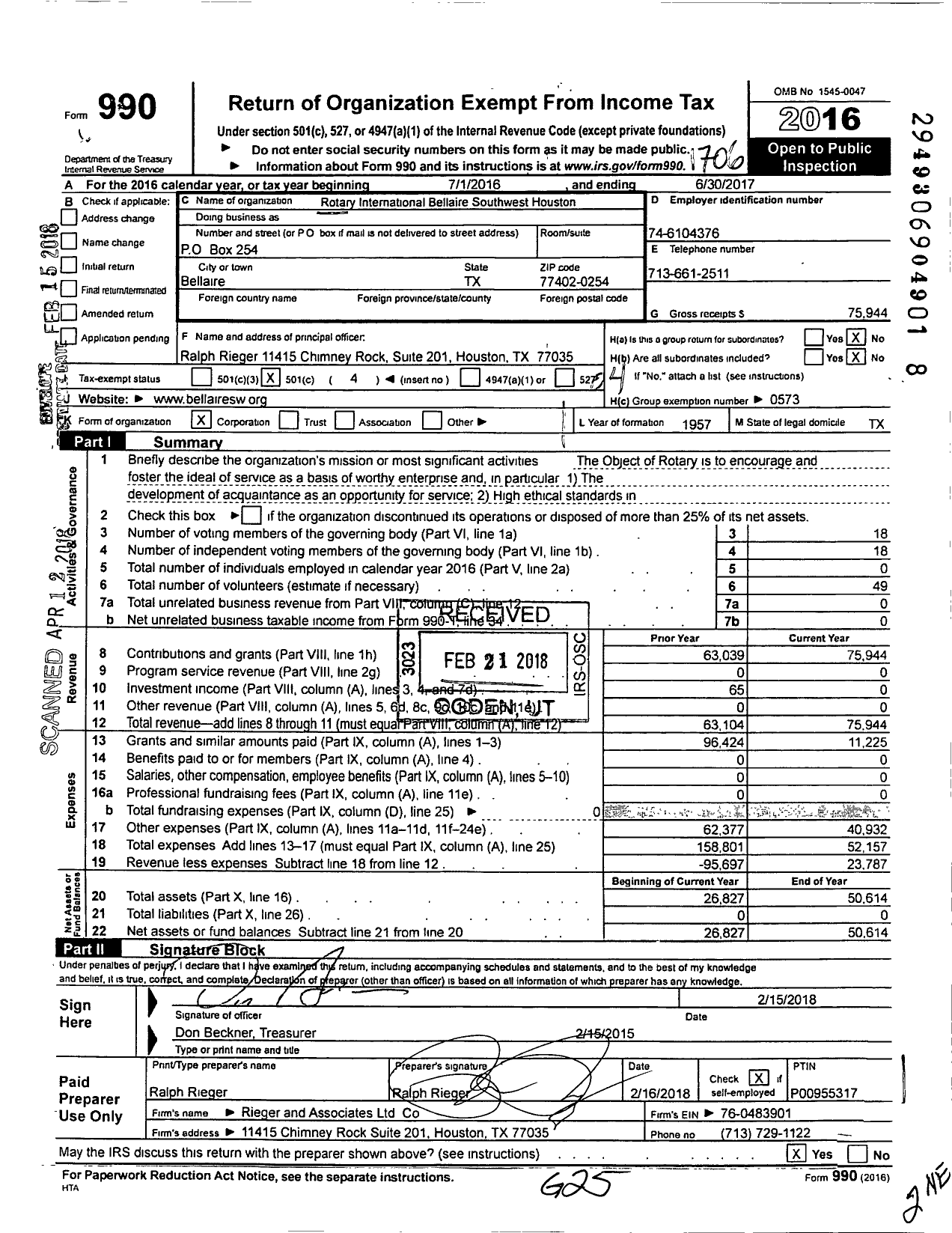 Image of first page of 2016 Form 990O for Rotary International Bellaire Soutwest Houston