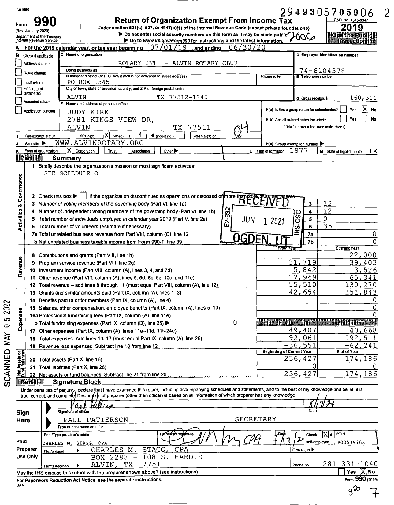 Image of first page of 2019 Form 990O for Rotary International - Alvin Rotary Club