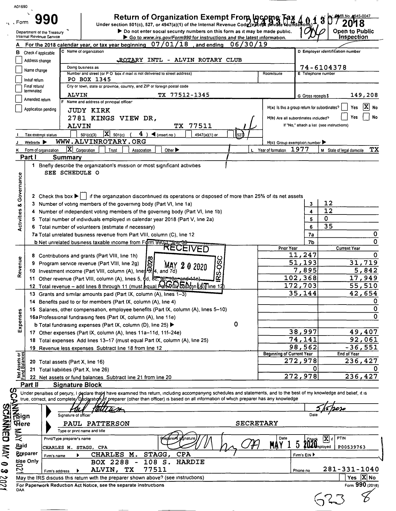 Image of first page of 2018 Form 990O for Rotary International - Alvin Rotary Club