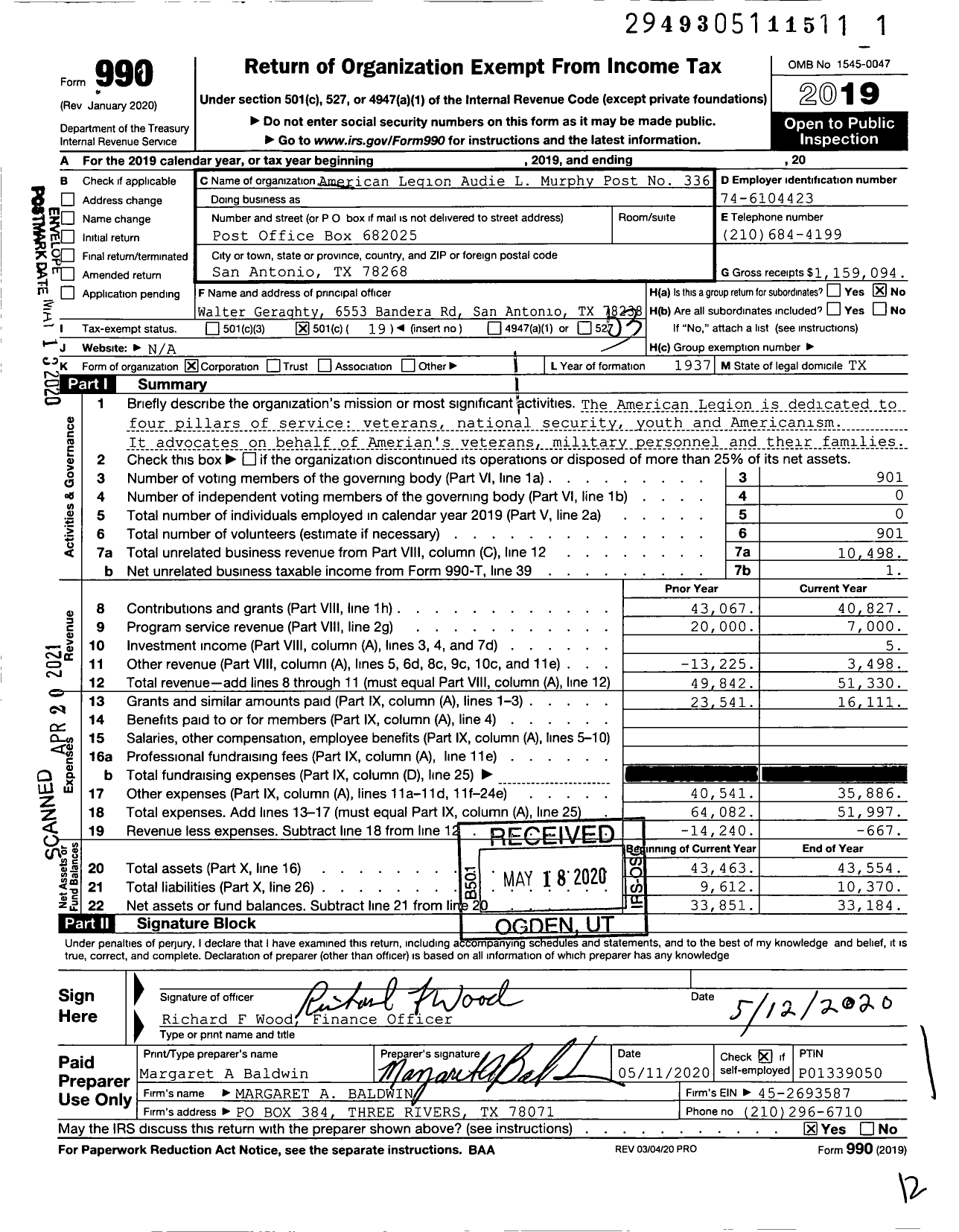 Image of first page of 2019 Form 990 for American Legion - American Legion Audie L Murphy Post No 336